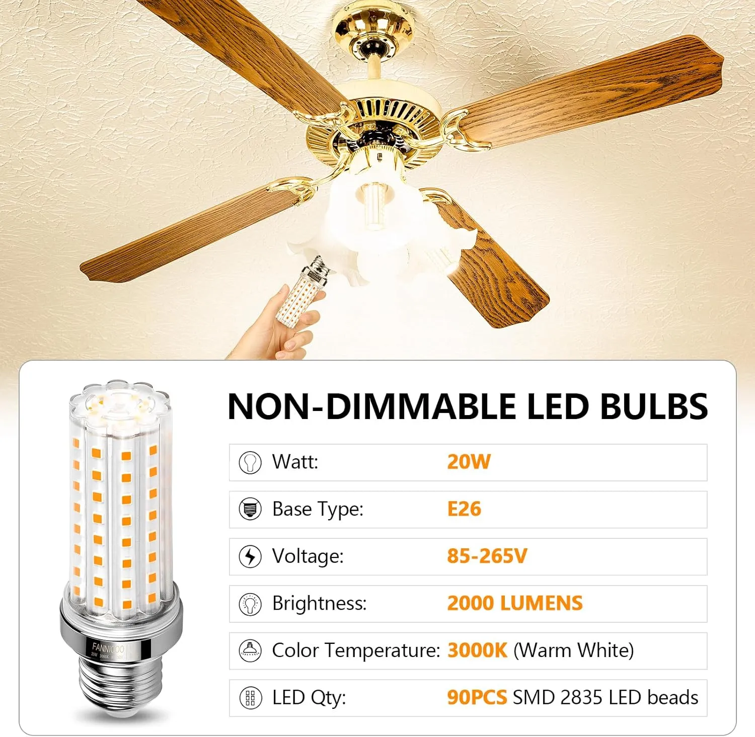 LED Light Bulb 150W Equivalent 2000Lumen 3000K Warm White 20W LED Corn Light Bulb E26/E27 Base Non-Dimmable Ceiling Fan Light Bulbs for Home Garage Kitchen Indoor Pack of 6
