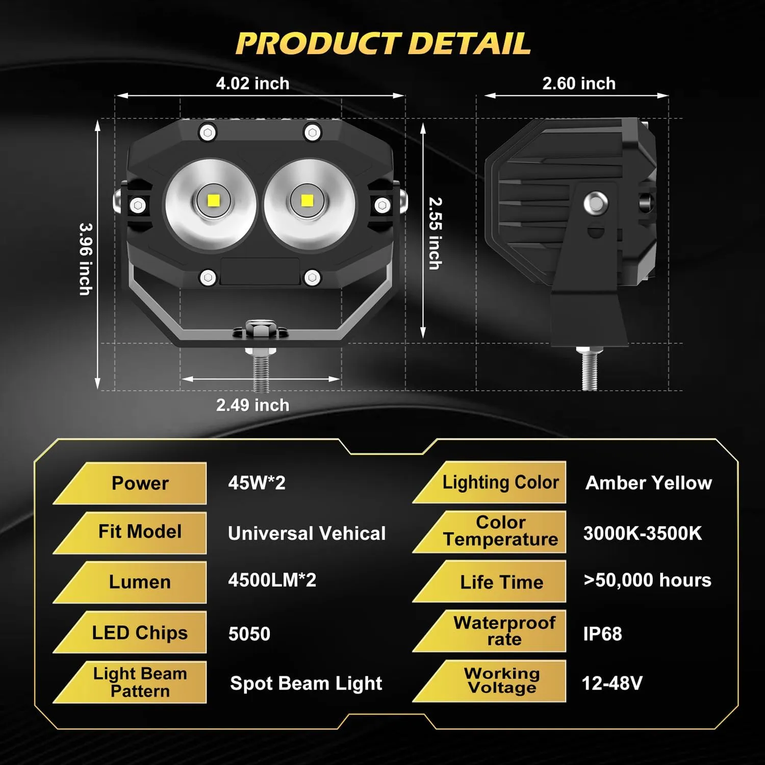 Led Light Pods, 4Inch 90W LED Driving Offroad Light Flood Beam 9000LM Super Bright Boat Lights Led Work Light Waterproof for SUV UTV ATV Truck Tractor Jeep Motorcycle - 2Pack