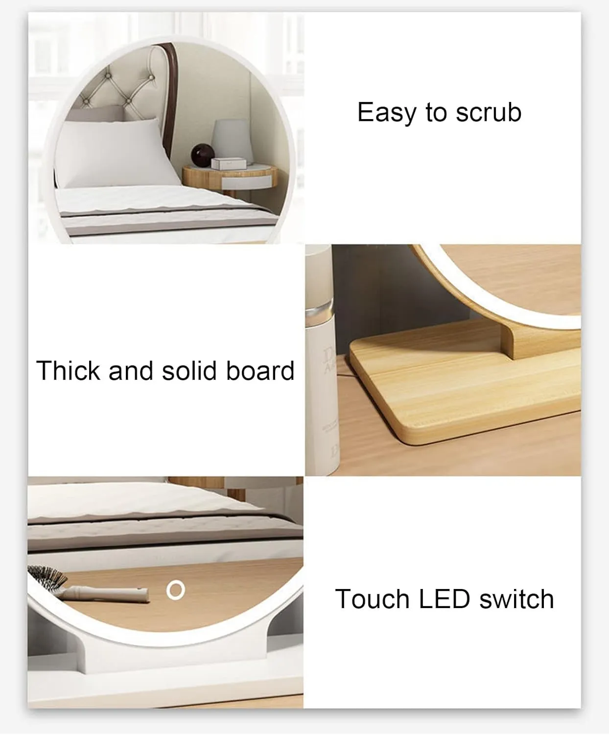 LED Makeup Mirror with 3 Dimmable Light Settings,Plug-in LED Makeup Mirror,Dimmable Natural Light Detachable Countertop Circle Cosmetic Mirror,Wood Color