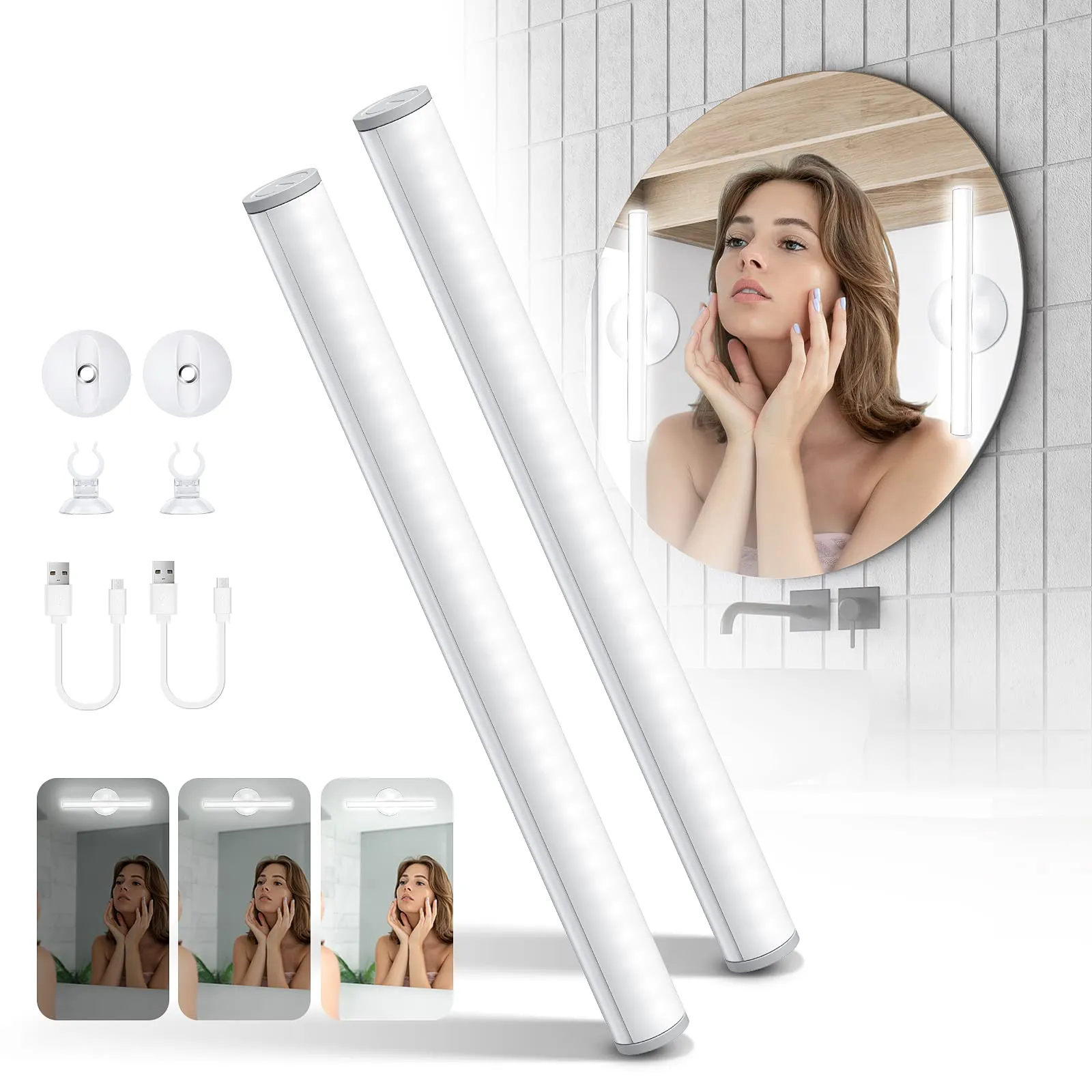 LED Mirror Lights Portable Rechargeable Vanity Light 3 Brightness Touch Control Makeup Light for Bathroom Dressing Room 2 Packs