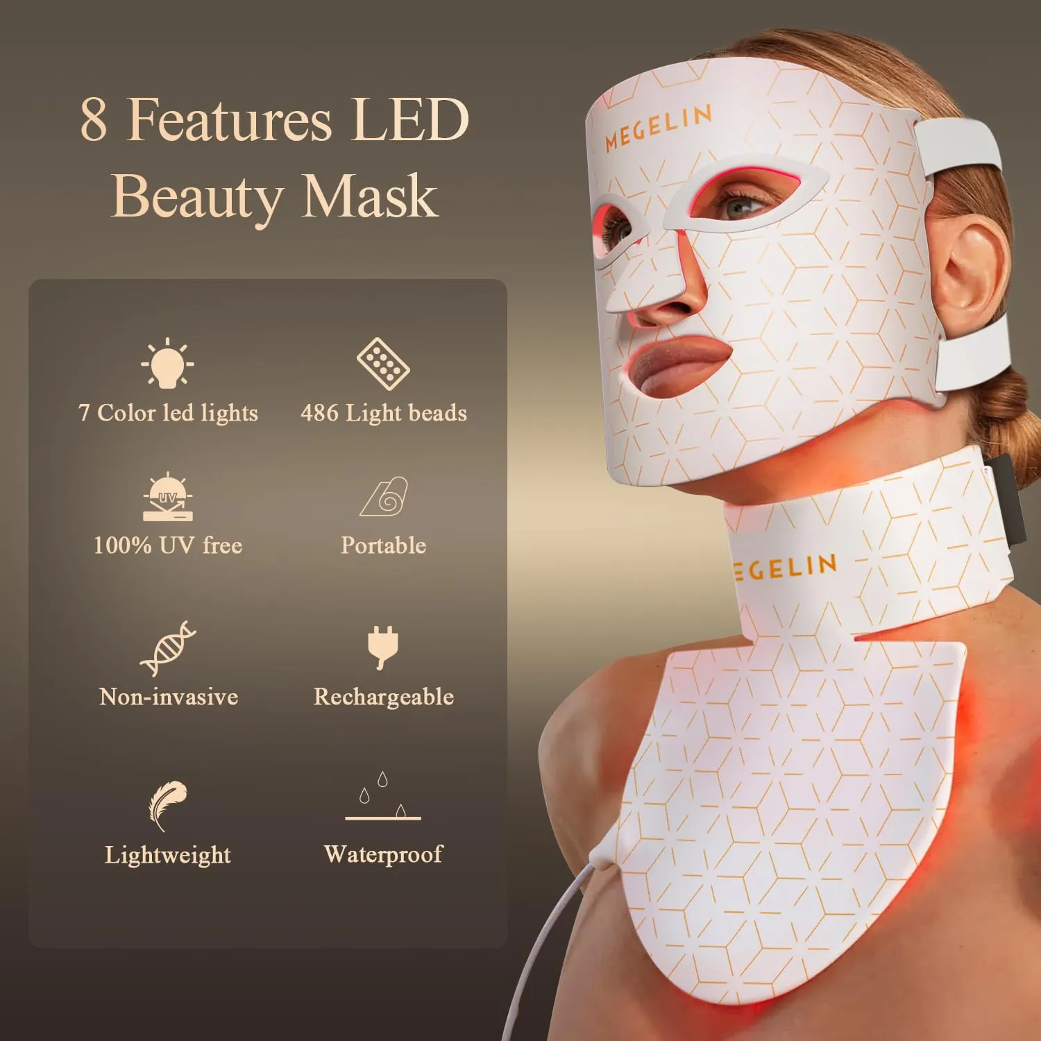 Led Red Light Therapy Face & Neck Mask, 7 Colors Led Light Therapy Facial Mask, Infrared Red Light Therapy Mask, Infrared Light Skin Rejuvenation(White)