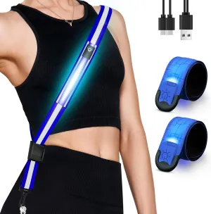 LED Reflective Belt Sash with Rechargeable LED Armband 2-Pack 5 Colors & 3 Modes Light Up Gear for Night Walking, Cycling, Running Gift for Women Men