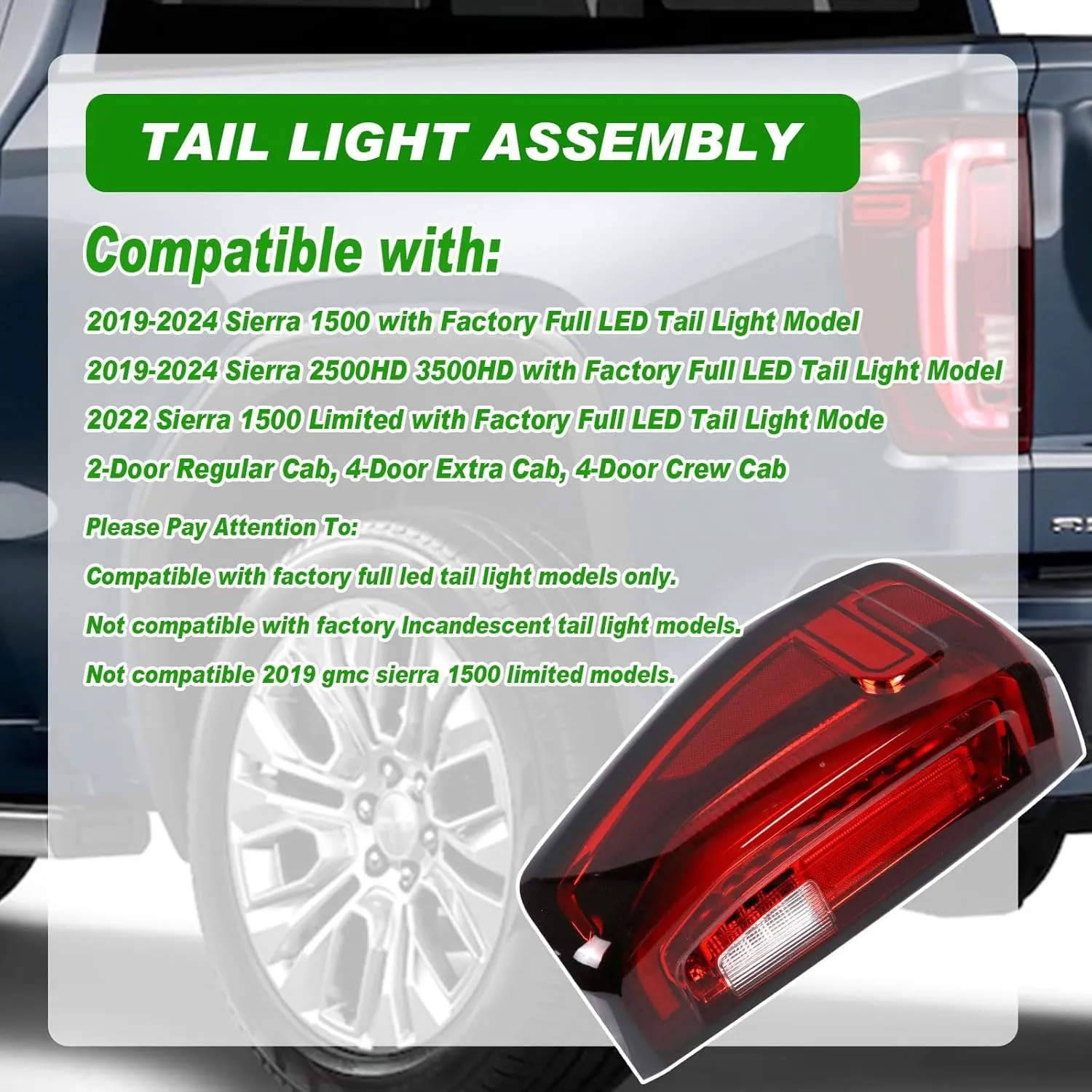 LED Tail Light Assembly Compatible with 2019-2024 GMC Sierra 1500/2500HD/3500HD,Left Driver Side Taillights Rear Lamp with Signature Brake Light Replace# 84565921 GM2800310