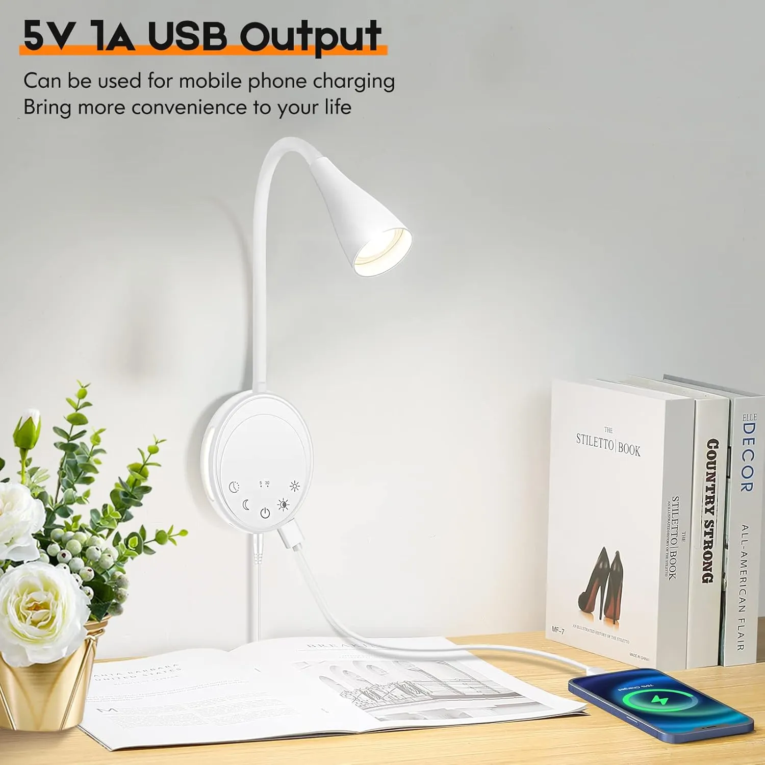 LED Wall Mounted Reading Light, Book Light for Reading in Bed with Touch Control, 5 Dimmable, USB Output, Night Light & Timers Function, Flexible Gooseneck Headboard Bed Lights (White)