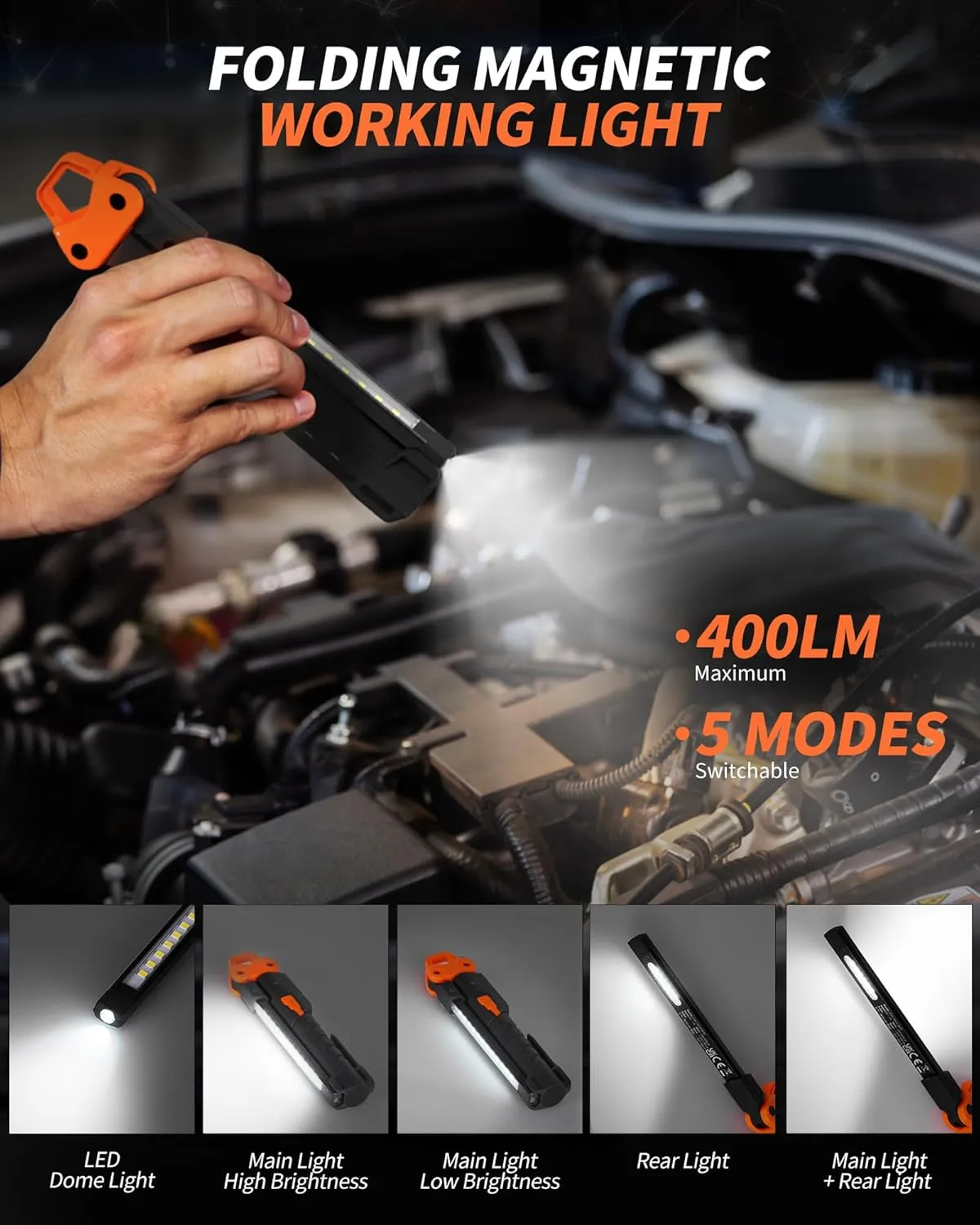 Led Work Light,400LM Foldable Mechanic Light, Rechargeable Flashlight with 5 Modes, 230° Rotate and Hook Magnetic Light for Car Repair, Camping, Grill（1 Pack Upgrade）