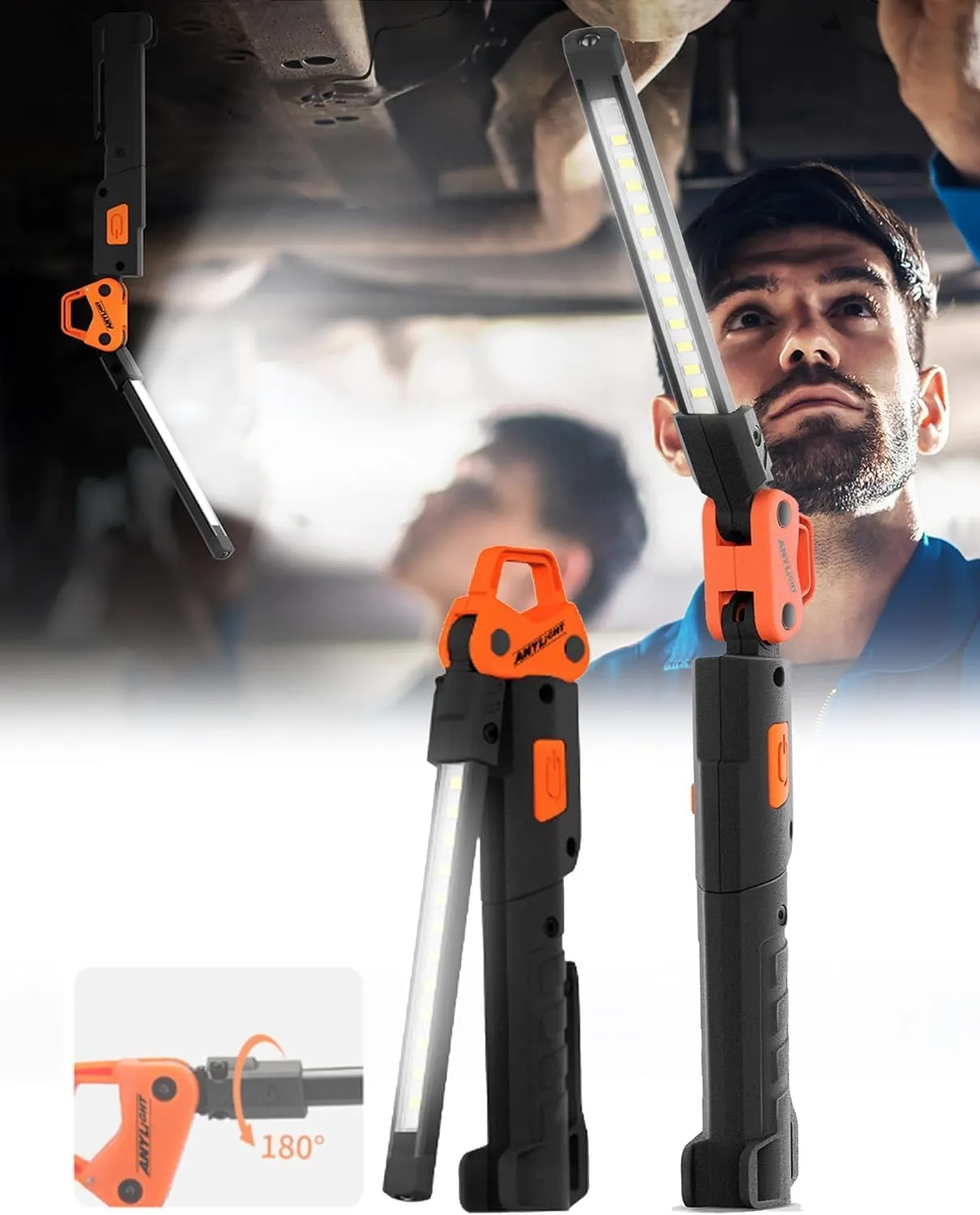 Led Work Light,400LM Foldable Mechanic Light, Rechargeable Flashlight with 5 Modes, 230° Rotate and Hook Magnetic Light for Car Repair, Camping, Grill（1 Pack Upgrade）