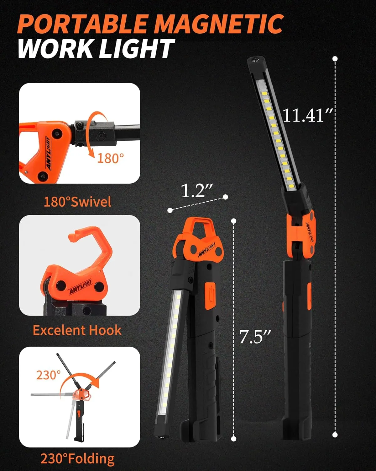 Led Work Light,400LM Foldable Mechanic Light, Rechargeable Flashlight with 5 Modes, 230° Rotate and Hook Magnetic Light for Car Repair, Camping, Grill（1 Pack Upgrade）