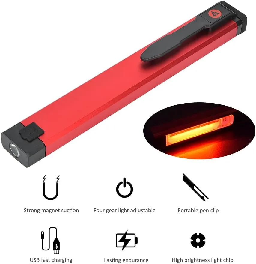 LED Work Light,USB Charging Working Light Car Maintenance Outdoor Lighting Camping Magnetic Emergency LED Tent Lamp for Hiking Fishing Camping (WL03 Long Style (with Pen Clip) 500 mAh)