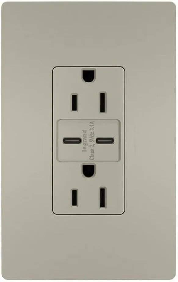 Legrand Pass & Seymour Radiant 15 Amp Wall Power Outlet with USB C Charger, Nickel