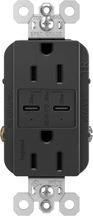 Legrand radiant R26USBPDBK 15 Amp Tamper-Resistant Decorator Duplex Receptacle Outlet with Ultra Fast USB C/C 6.0A Charging Ports PLUS 30W Power Delivery, Black (1 Count)