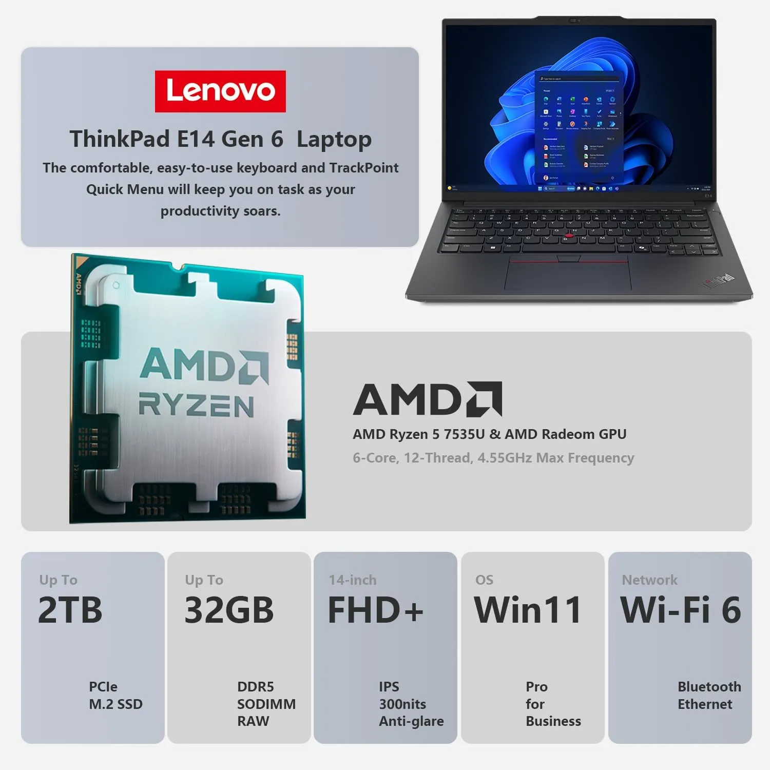 Lenovo ThinkPad E14 Gen 6 Business Laptop, 14" WUXGA, AMD Ryzen 5 7535U up to 4.55GHz, 32GB DDR5 RAM, 1TB SSD, Fingerprint, Backlit, HDMI, Wi-Fi 6, Win 11 Pro, Bundle with ADATA 512GB External SSD