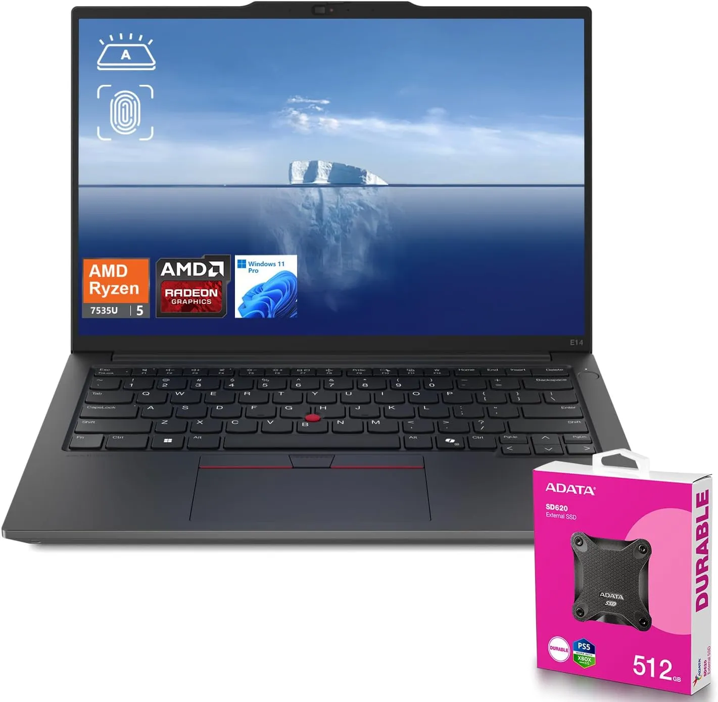 Lenovo ThinkPad E14 Gen 6 Business Laptop, 14" WUXGA, AMD Ryzen 5 7535U up to 4.55GHz, 32GB DDR5 RAM, 1TB SSD, Fingerprint, Backlit, HDMI, Wi-Fi 6, Win 11 Pro, Bundle with ADATA 512GB External SSD