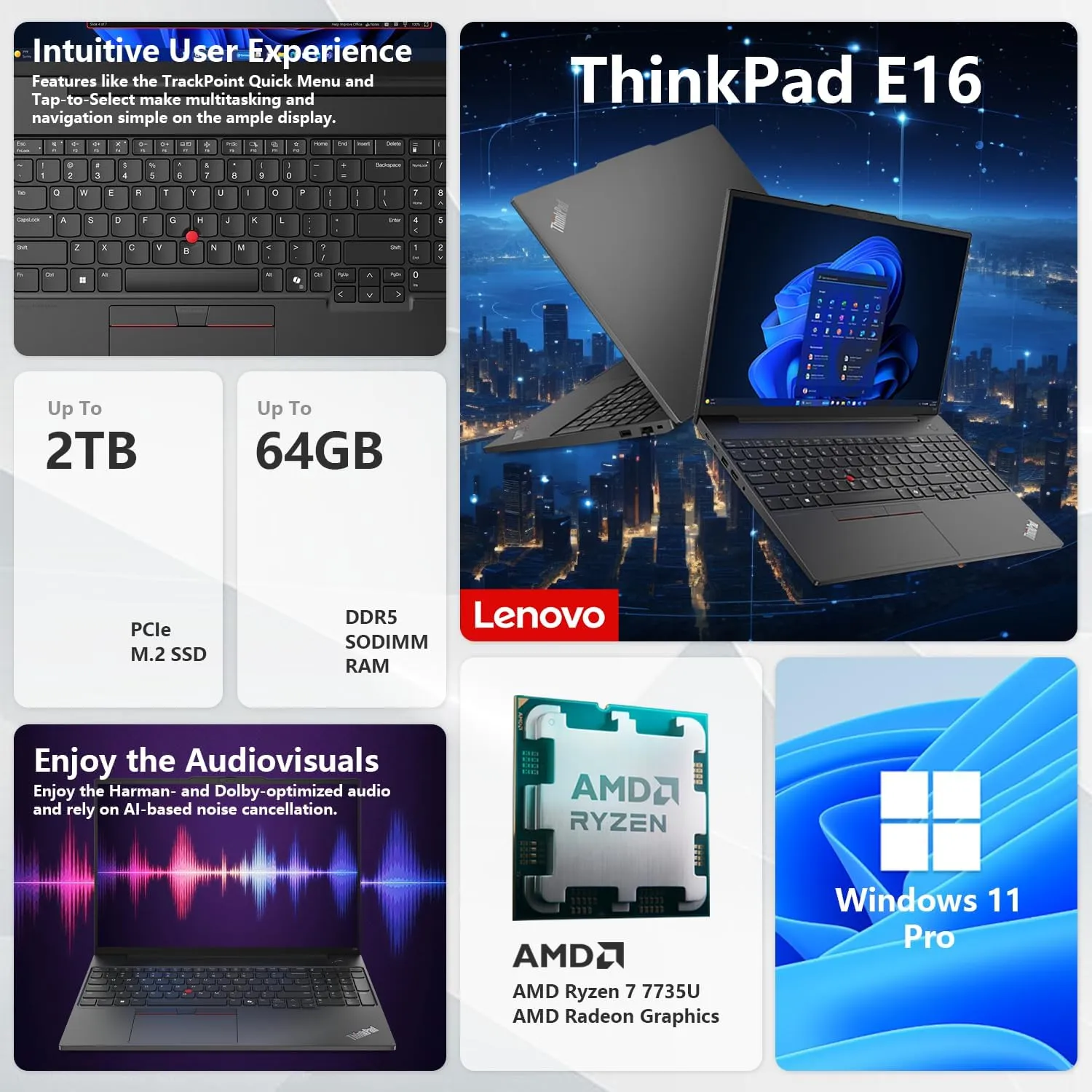 Lenovo ThinkPad E16 Gen 2 Business Laptop, 16" WUXGA, AMD Ryzen 7 7735U up to 4.75GHz, 32GB DDR5 RAM, 1TB SSD, Fingerprint, Backlit, HDMI, Wi-Fi 6, Win 11 Pro, Bundle with ADATA 64GB USB Flash Drive