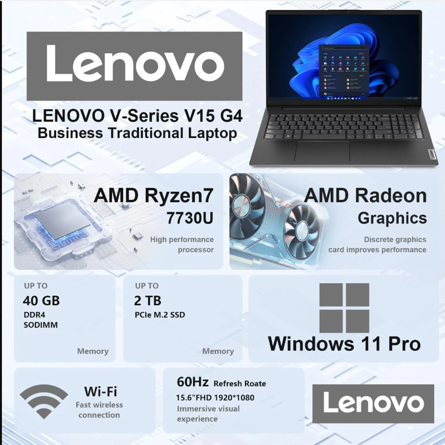 Lenovo V15 Laptop | 15.6" FHD Anti-Glare Display | AMD Ryzen 7 7730U | 40GB RAM | 2TB PCIe SSD | HDMI | Type-C | Webcam | Wi-Fi | with ADATA 512 External SSD Bundle | Windows 11 Pro | Black
