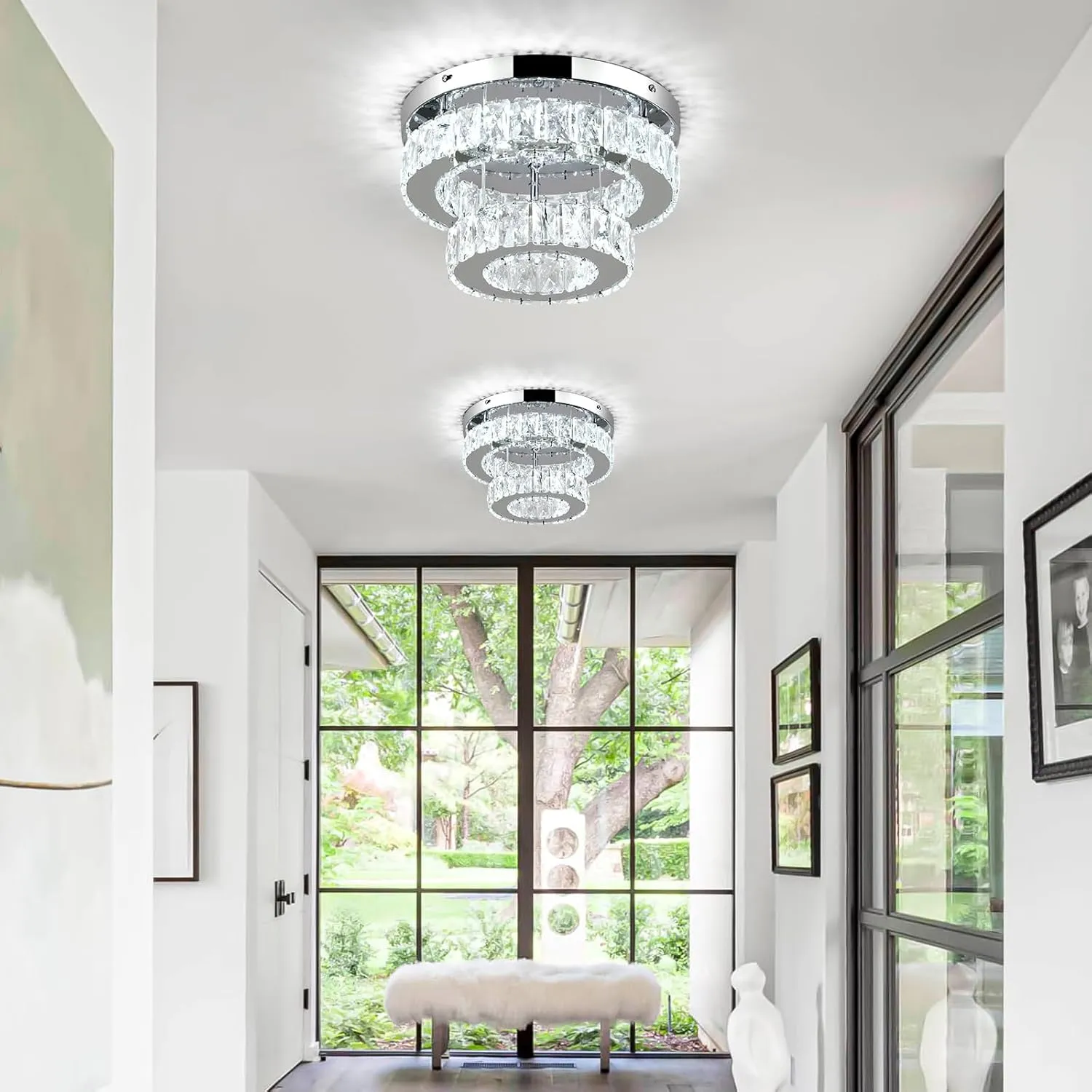 LEONTYNE 11.8 inch Dimmable Flush Mount Ceiling Light Crystals Chandelier LED Ceiling Light 2-Layers Crystal Chandeliers Fixture for Closet Bedroom Kitchen Hallway (Remote Control)