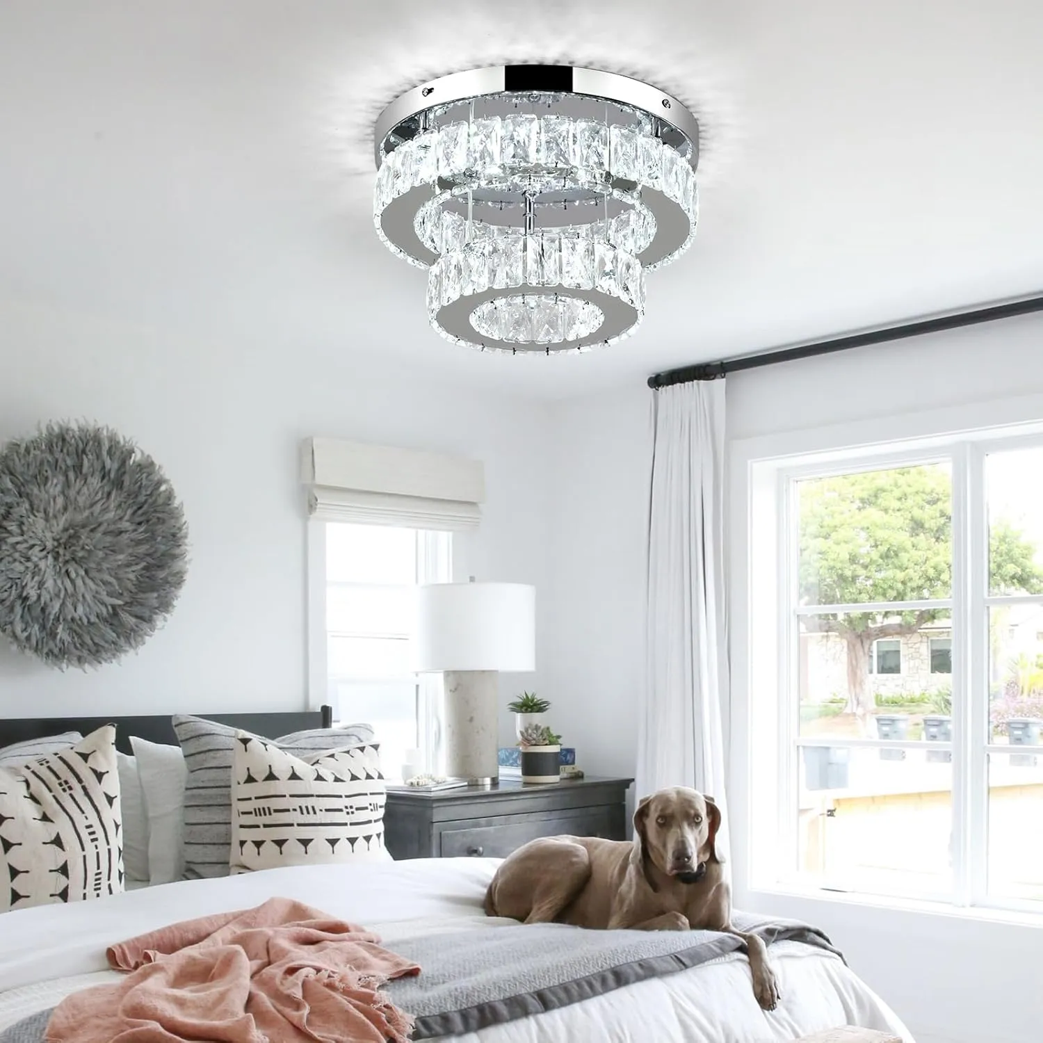 LEONTYNE 11.8 inch Dimmable Flush Mount Ceiling Light Crystals Chandelier LED Ceiling Light 2-Layers Crystal Chandeliers Fixture for Closet Bedroom Kitchen Hallway (Remote Control)