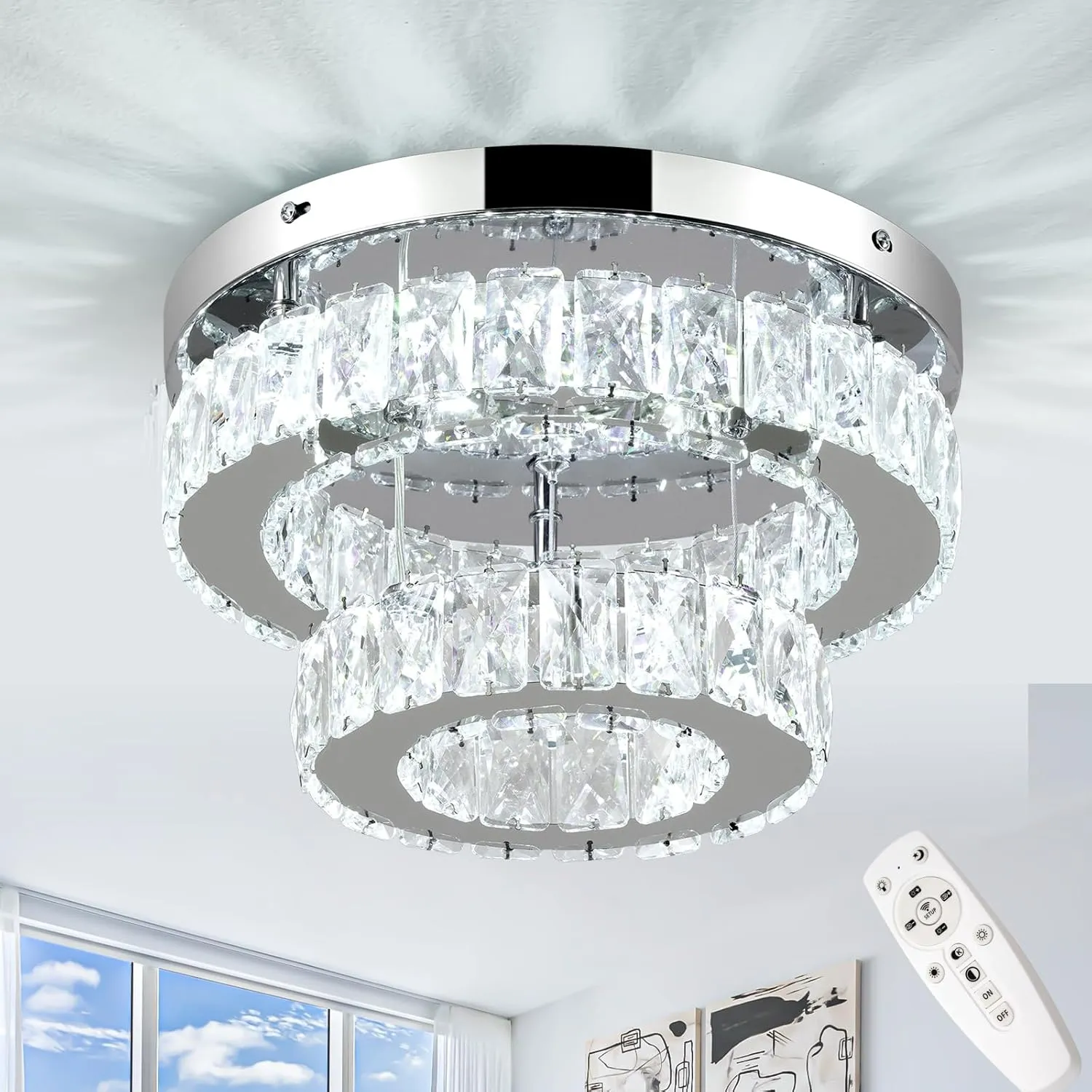LEONTYNE 11.8 inch Dimmable Flush Mount Ceiling Light Crystals Chandelier LED Ceiling Light 2-Layers Crystal Chandeliers Fixture for Closet Bedroom Kitchen Hallway (Remote Control)