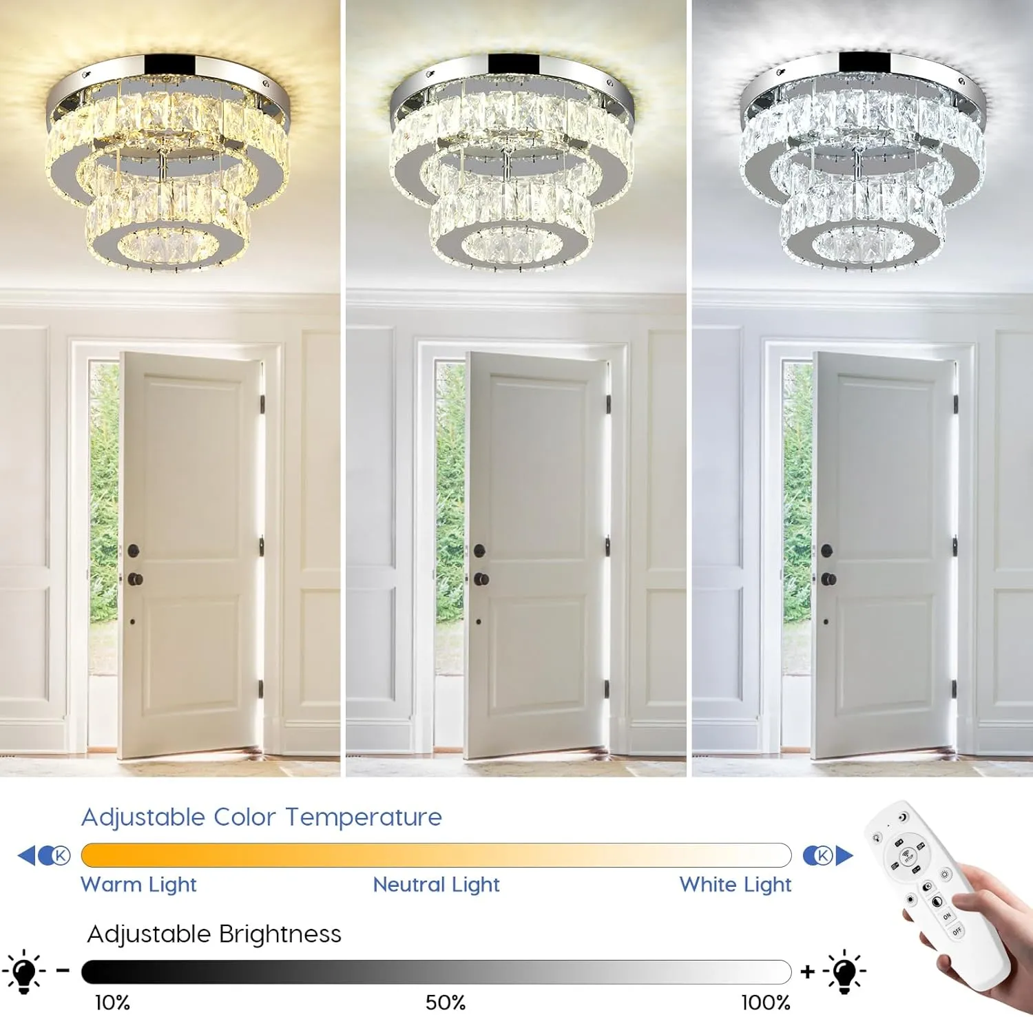 LEONTYNE 11.8 inch Dimmable Flush Mount Ceiling Light Crystals Chandelier LED Ceiling Light 2-Layers Crystal Chandeliers Fixture for Closet Bedroom Kitchen Hallway (Remote Control)
