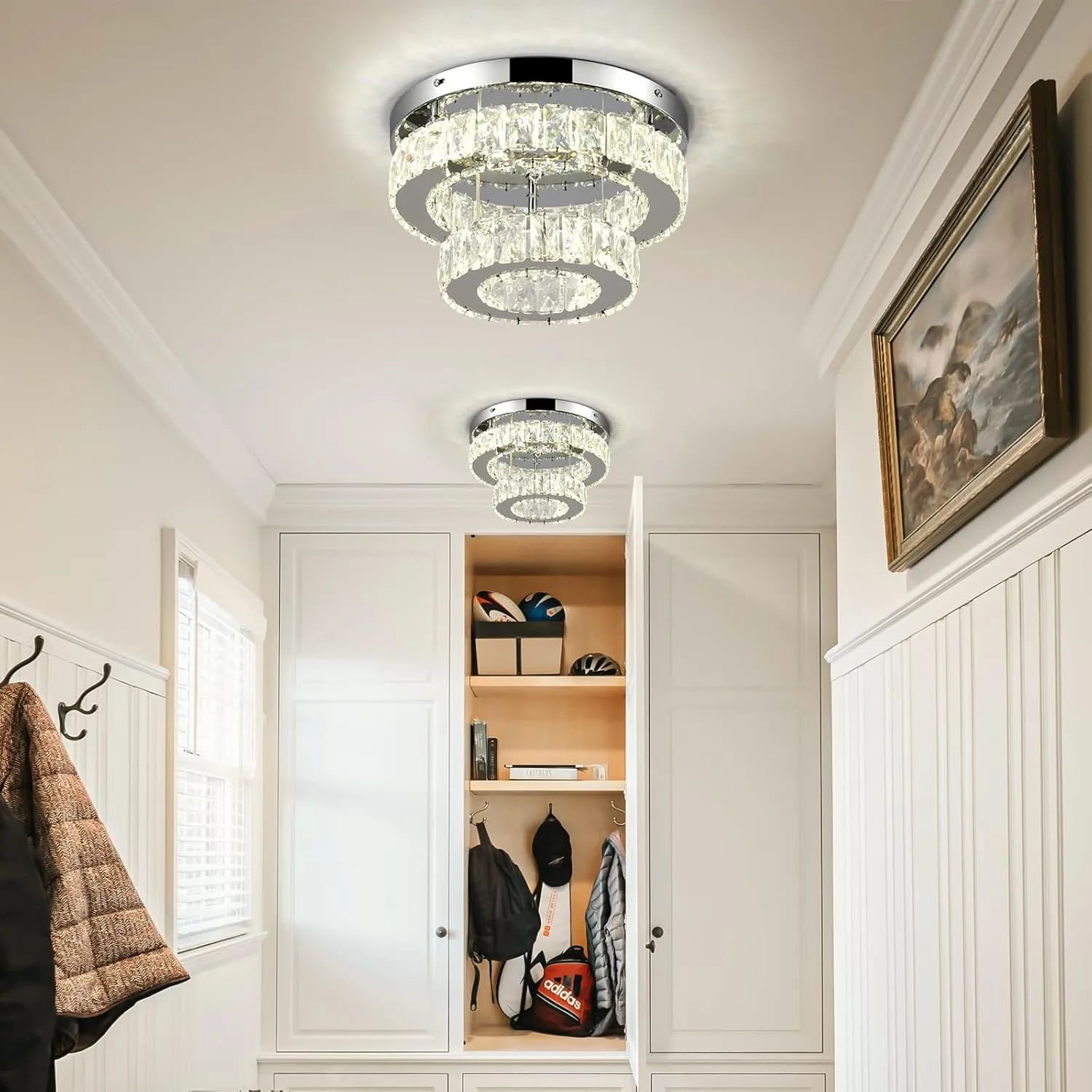 LEONTYNE 11.8 inch Dimmable Flush Mount Ceiling Light Crystals Chandelier LED Ceiling Light 2-Layers Crystal Chandeliers Fixture for Closet Bedroom Kitchen Hallway (Remote Control)