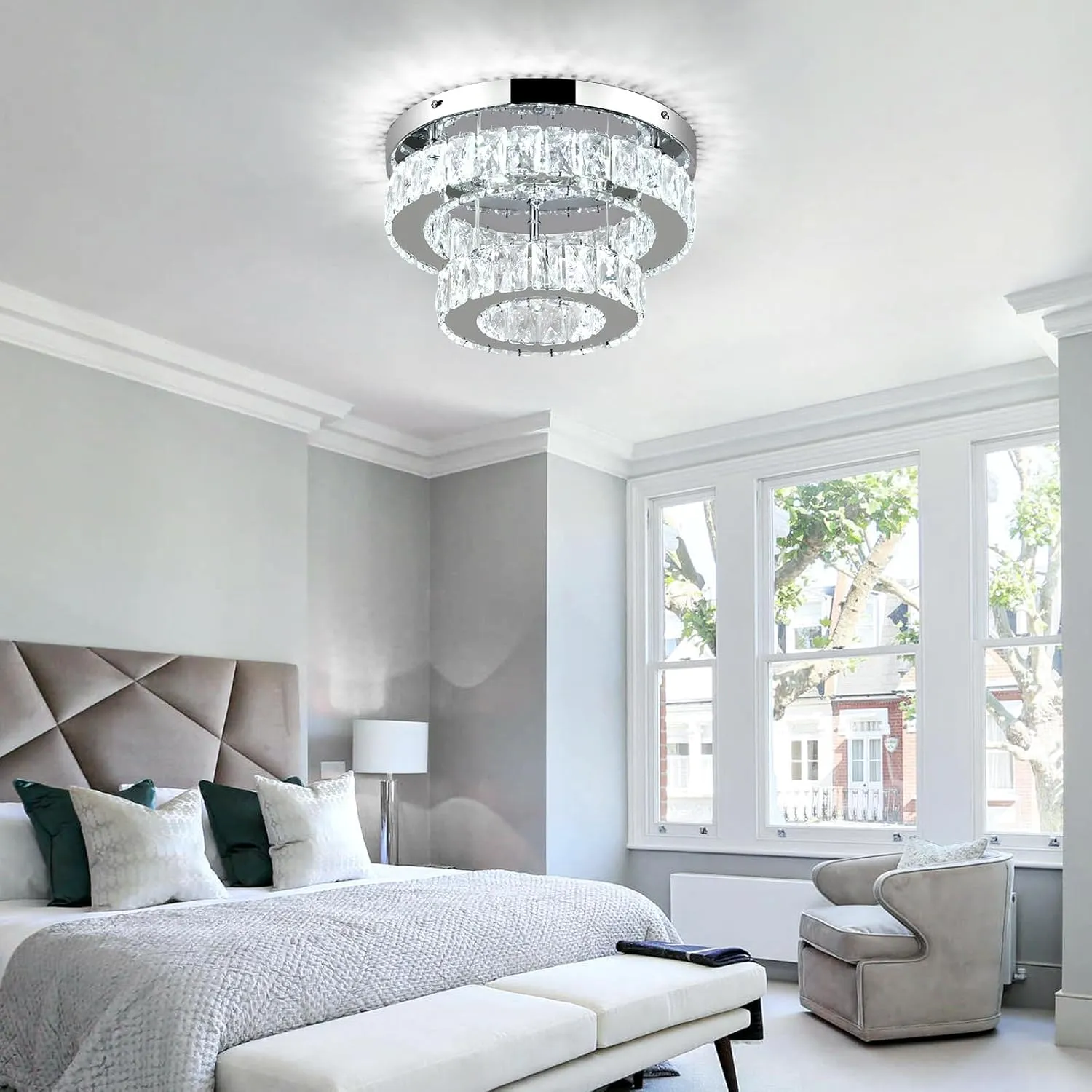 LEONTYNE 11.8 inch Dimmable Flush Mount Ceiling Light Crystals Chandelier LED Ceiling Light 2-Layers Crystal Chandeliers Fixture for Closet Bedroom Kitchen Hallway (Remote Control)