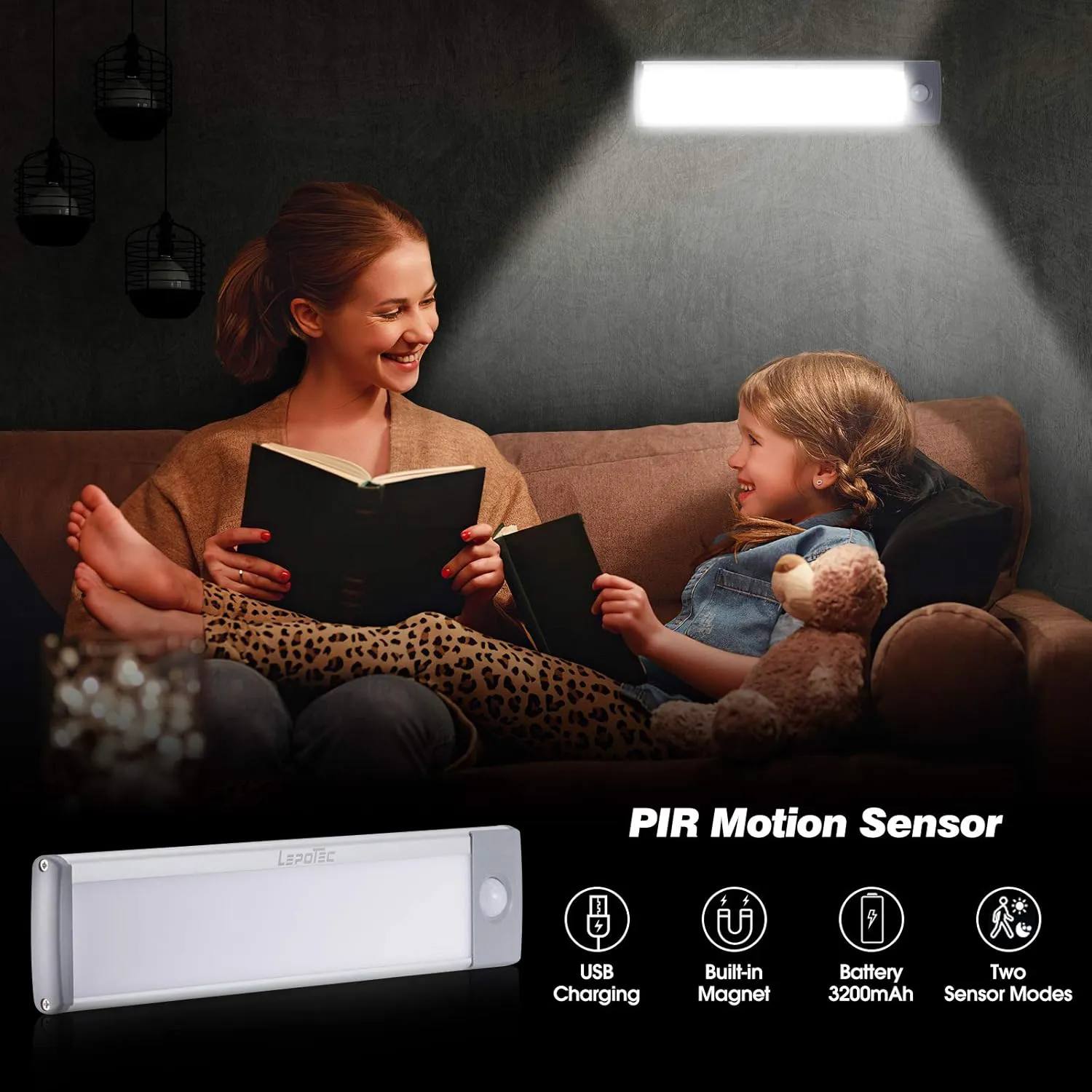 LEPOTEC 30 LED Under Counter Closet Lighting, LED Motion Sensor Cabinet Light, Battery Operated Pantry Light for Mom, 1800mah Rechargeable Wireless Motion Sensor Closet Light (2 Pack)