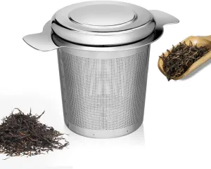 LHS Loose Leaf Tea Infuser, Tea Filter, Stainless Steel Infuser Basket, Extra Fine Mesh Tea Strainer for Loose Tea, Perfect Size Double Handles, Tea Infuser with Lid Fits Most Tea Pots, Mugs, Cups