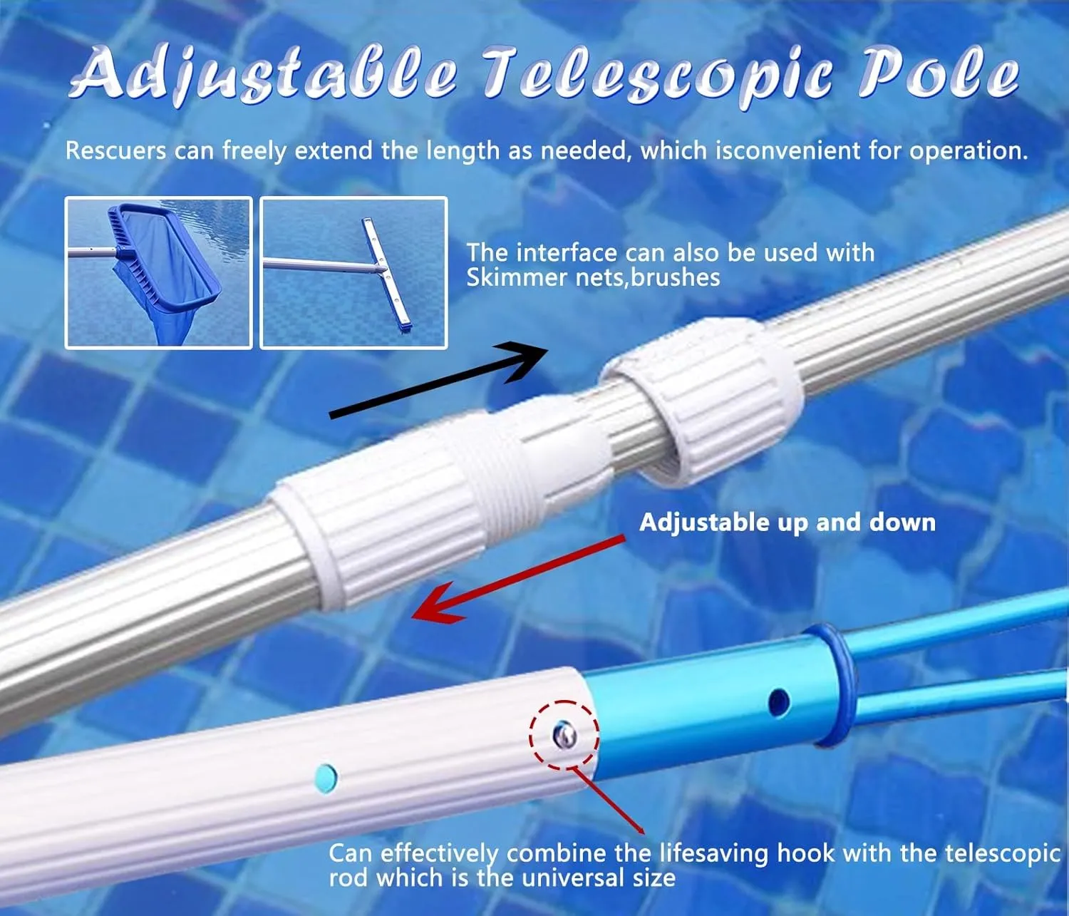 Lifesaving Pole Adjustable Length Pool Life Saving Hook, Emergency Lifesaving Rod for Water Parks, Speedboat, Professional Saving Pole for Drowning Swimmers/Cleaning Wall(H 5 m/16.4 ft)