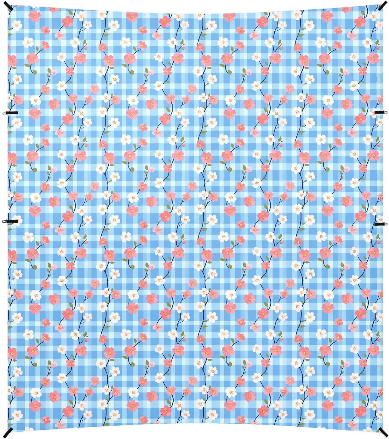 Light Blue Checkered Pink Small Flower Beach Cabana Tent UPF50  Waterproof Sun Shelter with Sand Shovel for Family Trips, Picnics & Camping