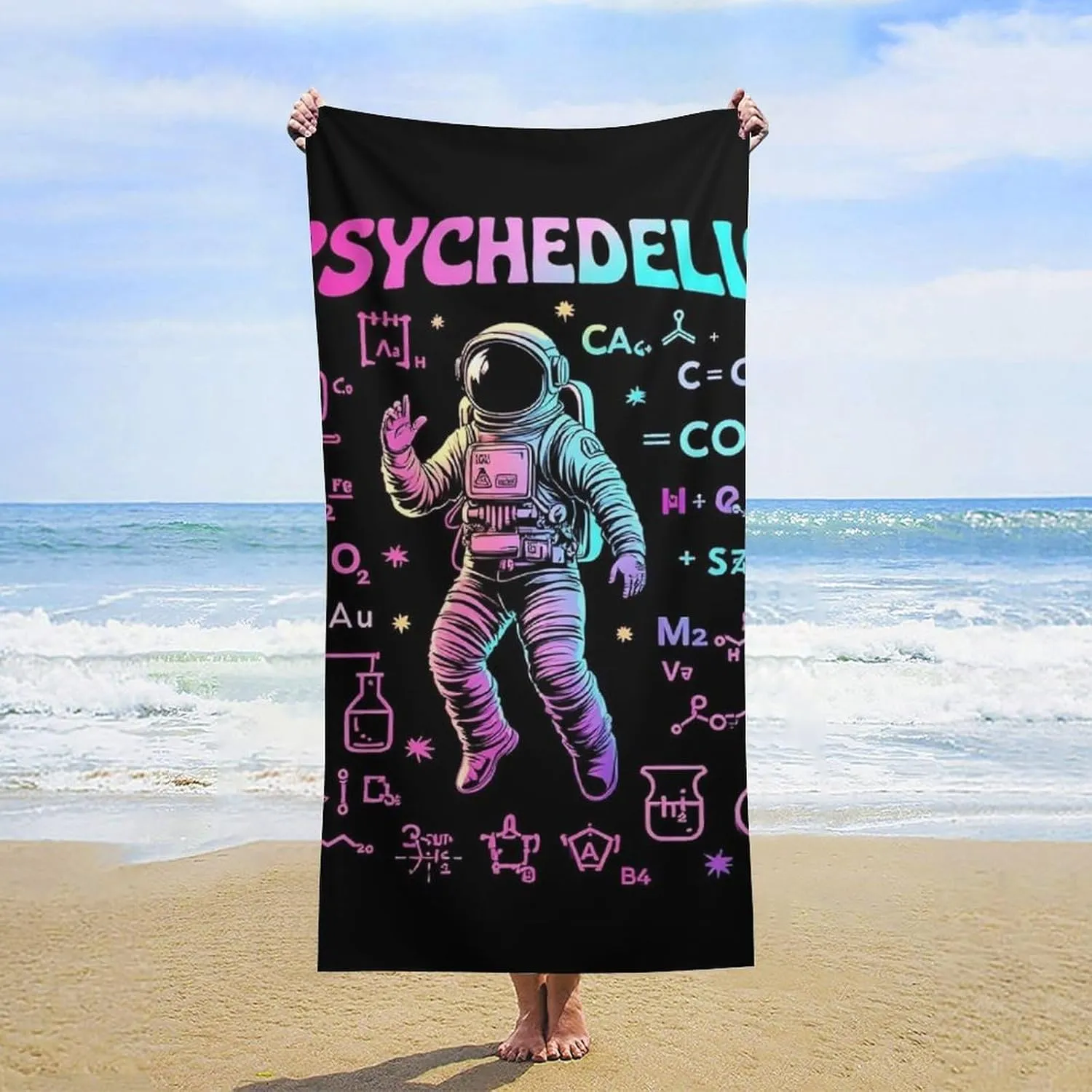 Lightweight Sand Free Beach Towel, 63"x31.5" Novelty Towels Space Astronaut Outer Space Chemical Formula Art Vacation Essentials Blankets for Travel, Camping, Party, Birthday