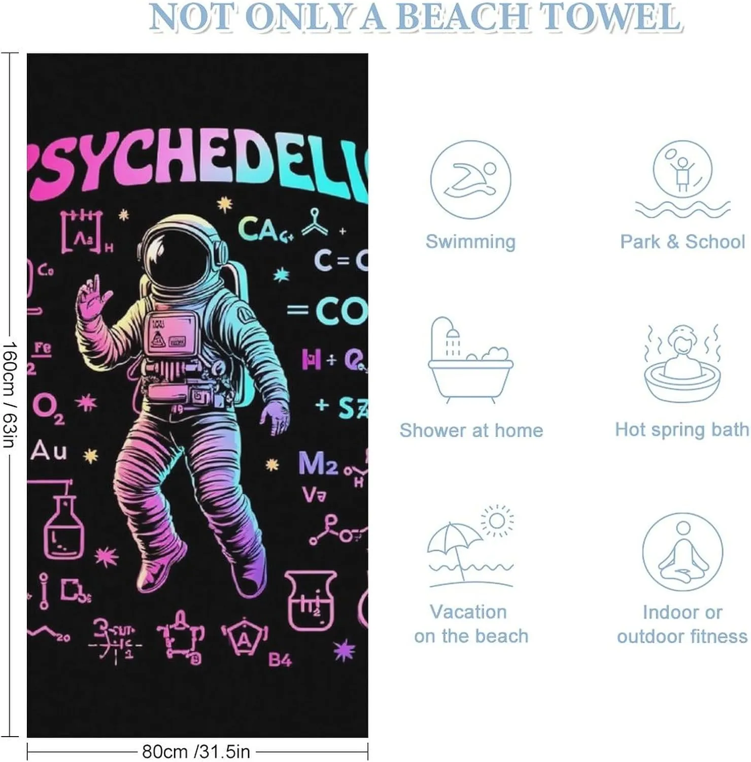 Lightweight Sand Free Beach Towel, 63"x31.5" Novelty Towels Space Astronaut Outer Space Chemical Formula Art Vacation Essentials Blankets for Travel, Camping, Party, Birthday