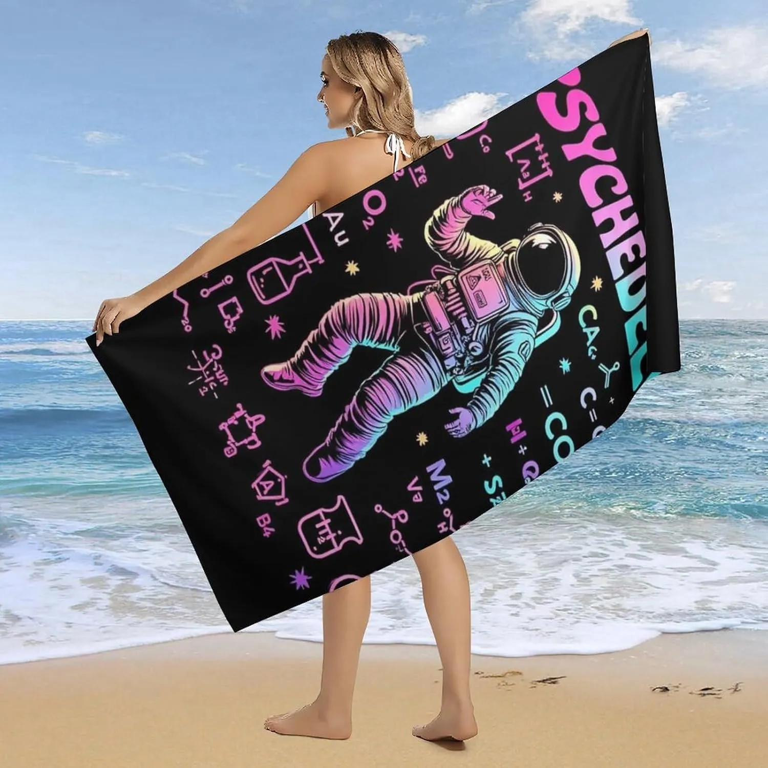 Lightweight Sand Free Beach Towel, 63"x31.5" Novelty Towels Space Astronaut Outer Space Chemical Formula Art Vacation Essentials Blankets for Travel, Camping, Party, Birthday