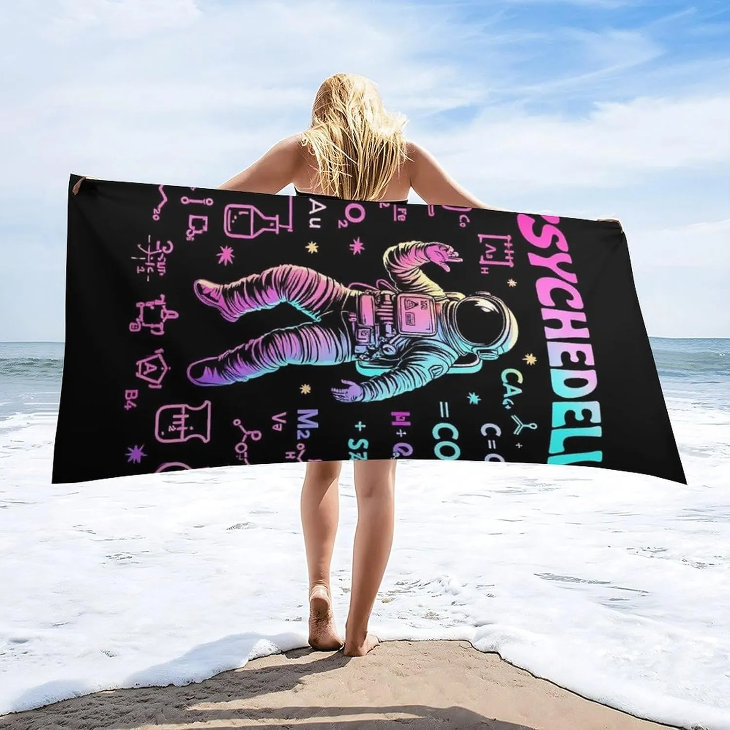 Lightweight Sand Free Beach Towel, 63"x31.5" Novelty Towels Space Astronaut Outer Space Chemical Formula Art Vacation Essentials Blankets for Travel, Camping, Party, Birthday