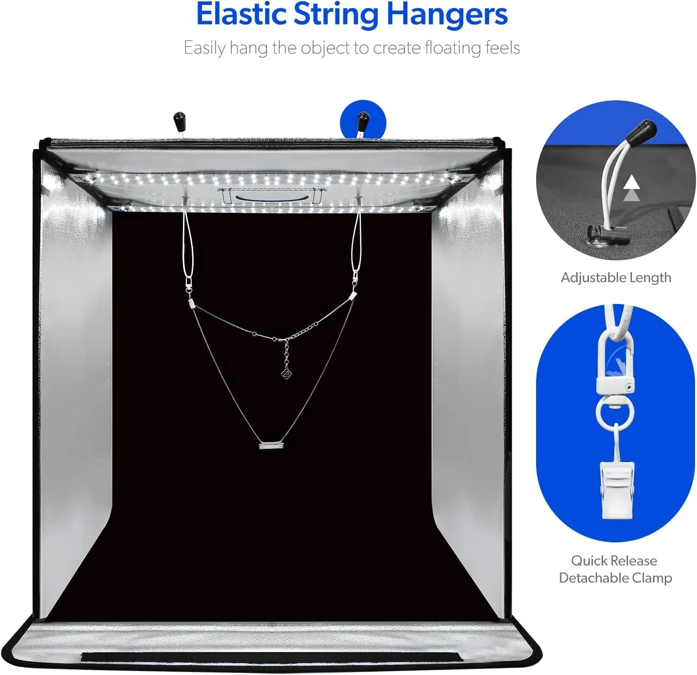 LimoStudio 24" x 24" (New Gen. Model) LED Light Box Tent Patented, Photoshoot Light Tent with Air Hanging Ceiling String Clips, Sticky Clays for Object Positioning, 120 LED, CRI > 95, 4000LM, AGG3250