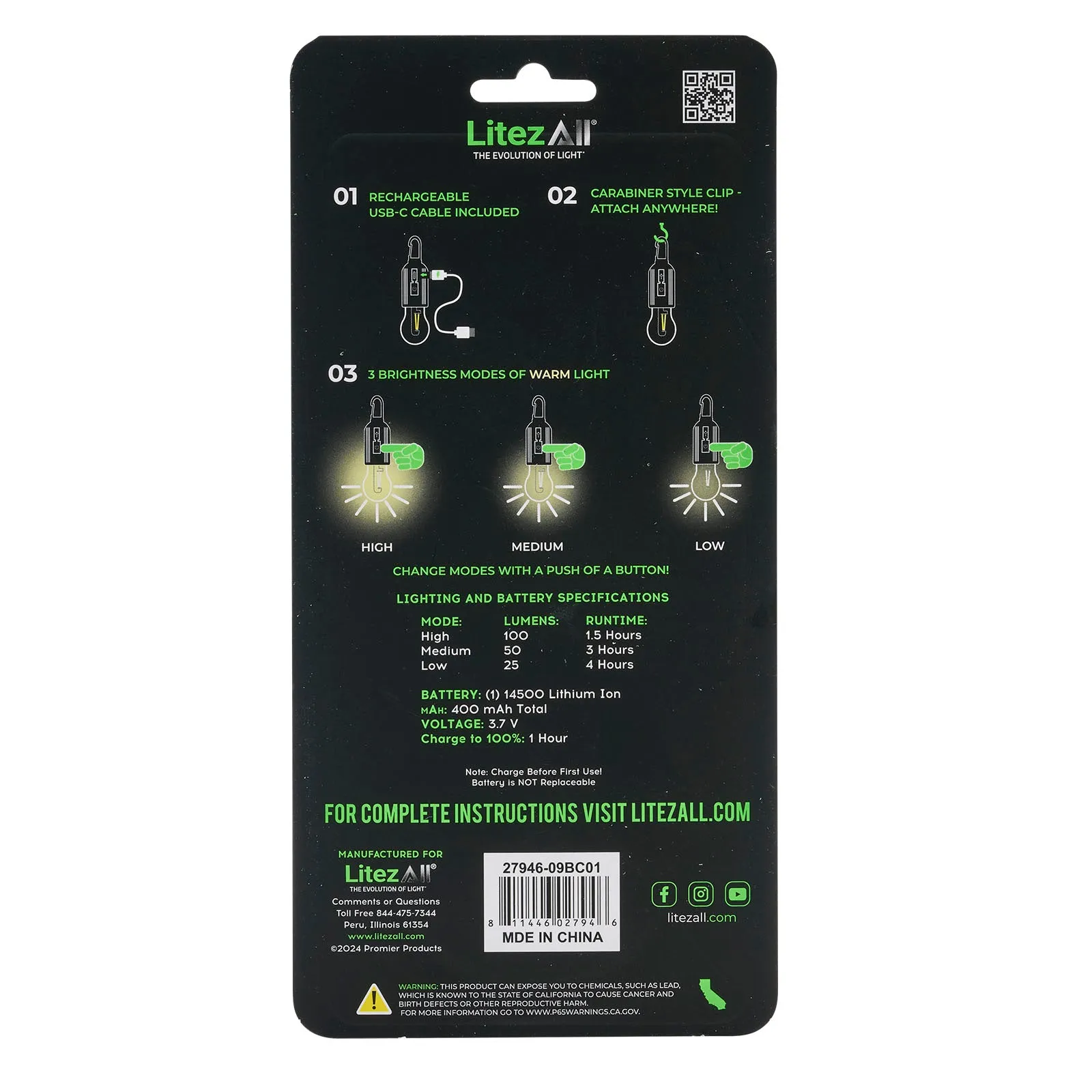 LitezAll Rechargeable Warm White Bulb with Carabiner
