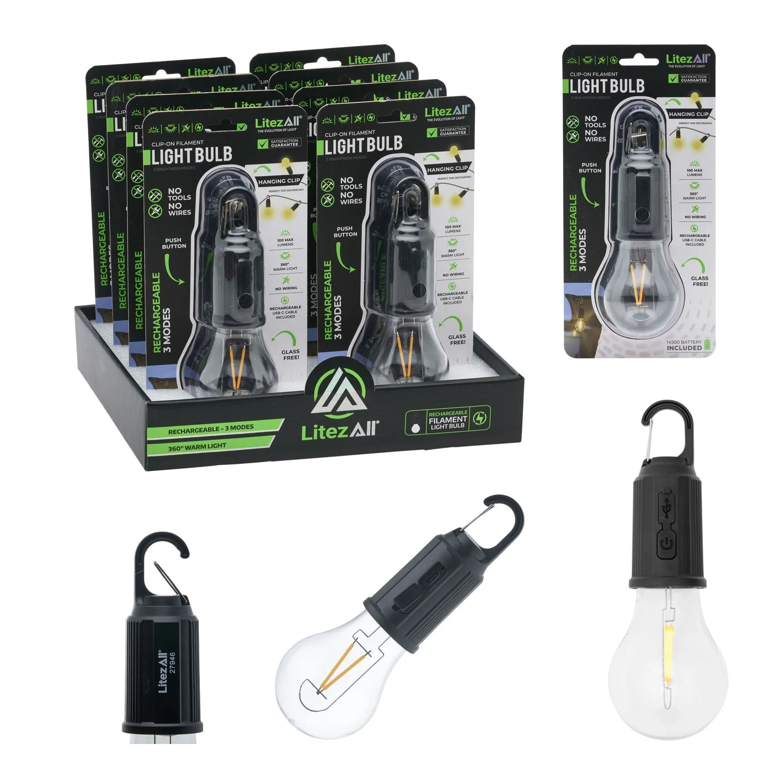 LitezAll Rechargeable Warm White Bulb with Carabiner