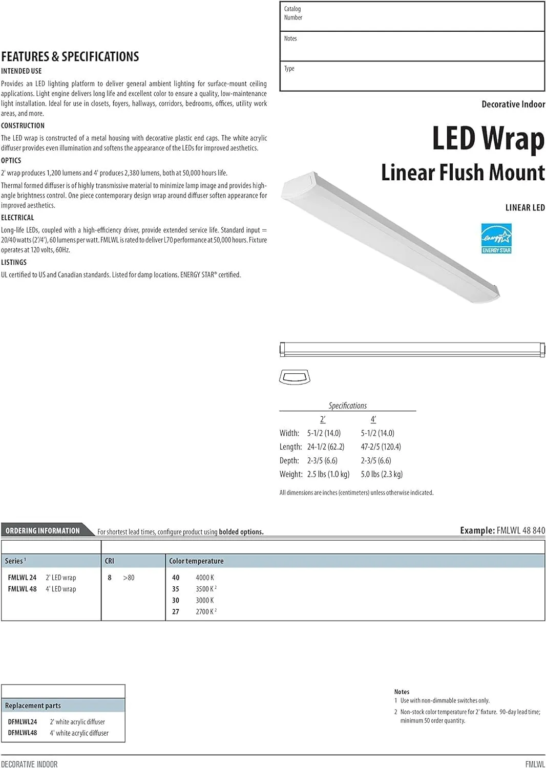 Lithonia Lighting 4 Foot LED Light Fixture, Low-Profile LED Wraparound Flush Mount Ceiling Light, 2700K Soft White, 120V, 48-Inch (FMLWL 48 827)