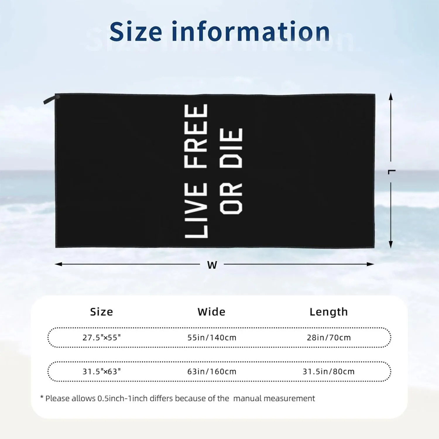 Live Free Or Die Beach Towel with Travel Bag 27.5"x55" Quick Dry Sand Free Lightweight Large Oversized Towels Light Vacation Essentials