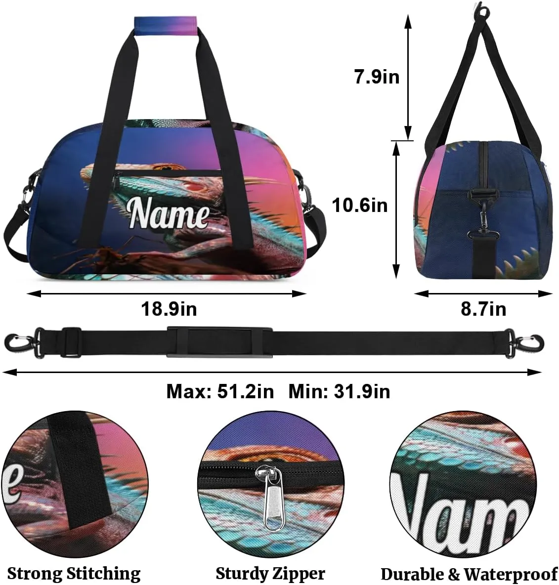 Lizard Printing Personalized Kids Gym Bag Custom Name Sport Duffel Bag Dance Ballet Bag for Girls Practice Workout Bag