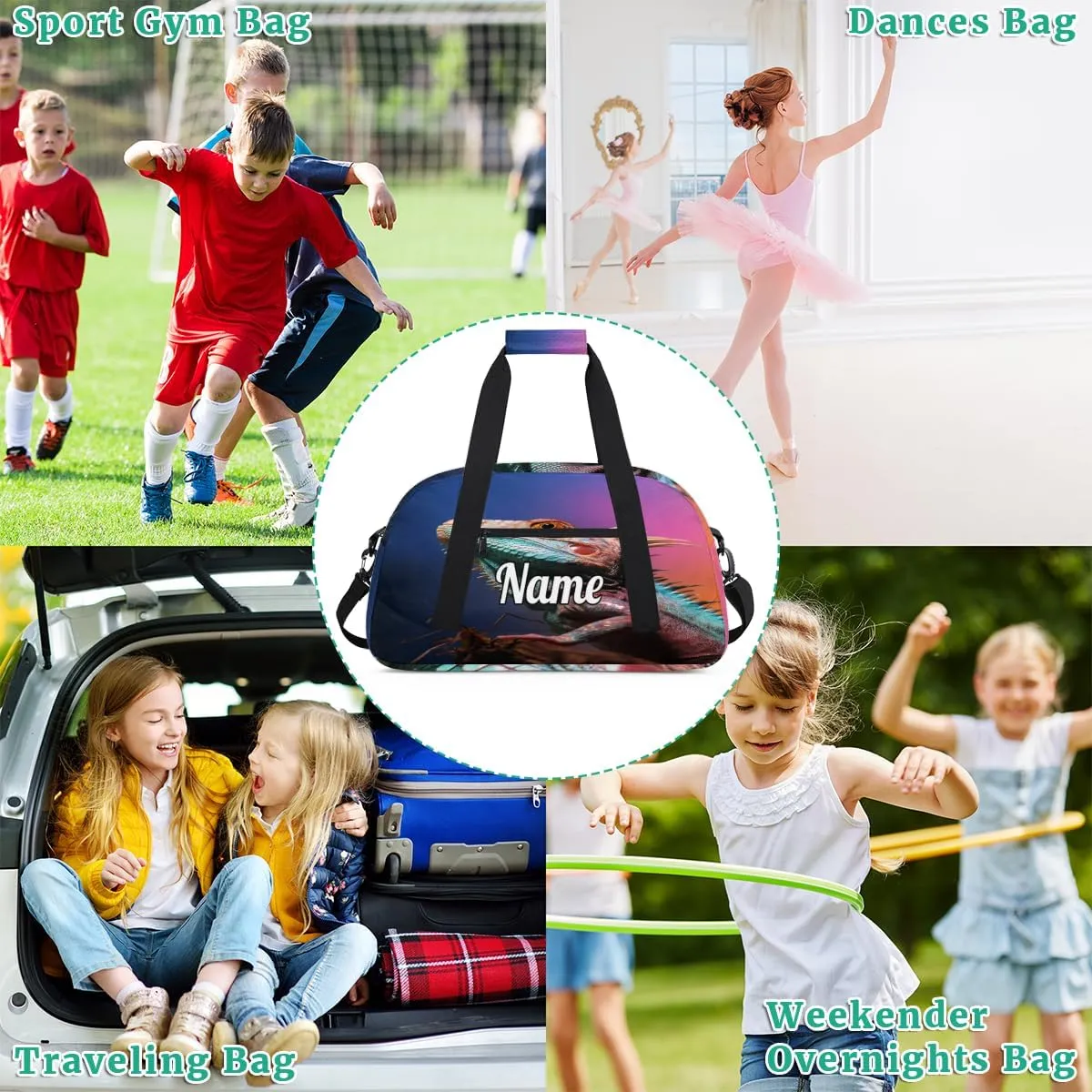 Lizard Printing Personalized Kids Gym Bag Custom Name Sport Duffel Bag Dance Ballet Bag for Girls Practice Workout Bag