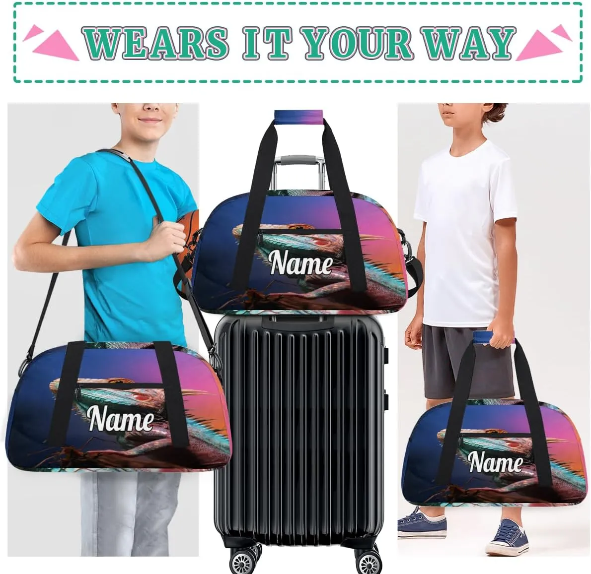 Lizard Printing Personalized Kids Gym Bag Custom Name Sport Duffel Bag Dance Ballet Bag for Girls Practice Workout Bag