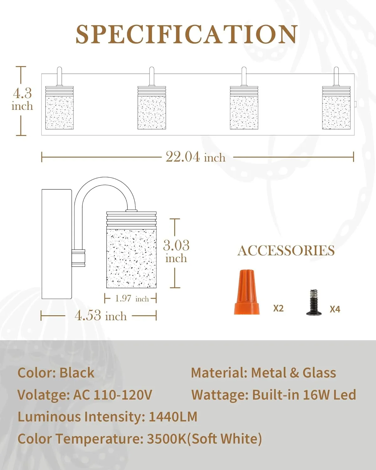 LMS 4 Lights Dimmable Crystal LED Vanity Light, Modern Matte Black Bathroom Light Fixtures 16W 3000/4000/5000K, LMS-193