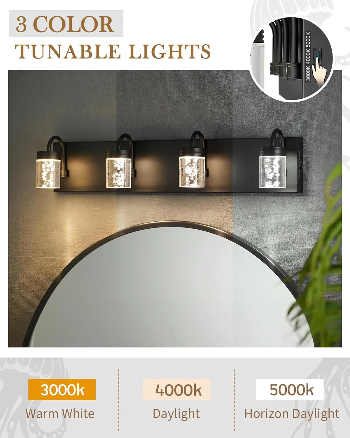 LMS 4 Lights Dimmable Crystal LED Vanity Light, Modern Matte Black Bathroom Light Fixtures 16W 3000/4000/5000K, LMS-193