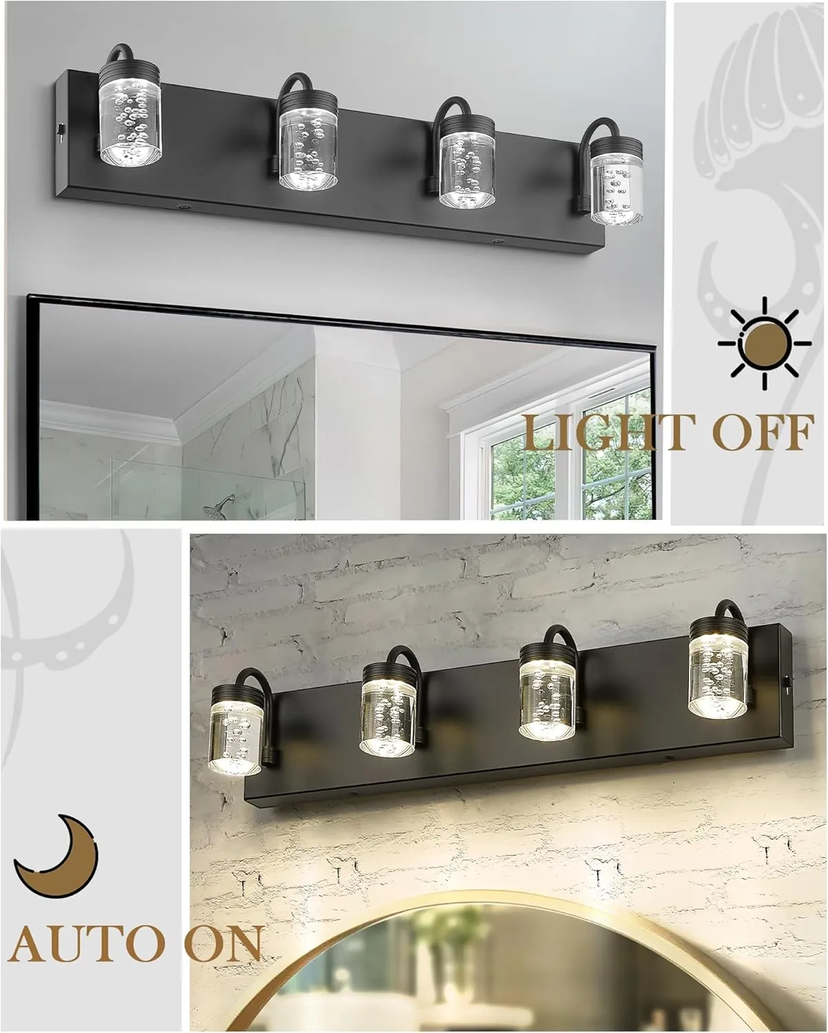 LMS 4 Lights Dimmable Crystal LED Vanity Light, Modern Matte Black Bathroom Light Fixtures 16W 3000/4000/5000K, LMS-193