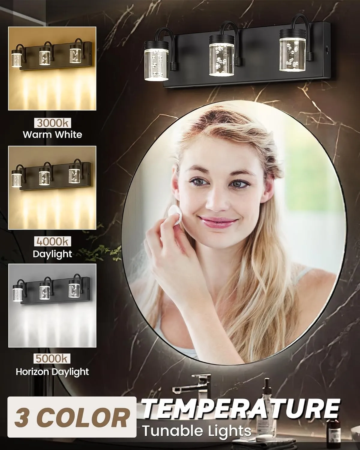 LMS Modern Crystal LED Bathroom Lights Fixtures Over Mirror Black 3 Light Vanity Light for Bathroom 12W 3000/4000/5000K Neutral White Light LMS-176