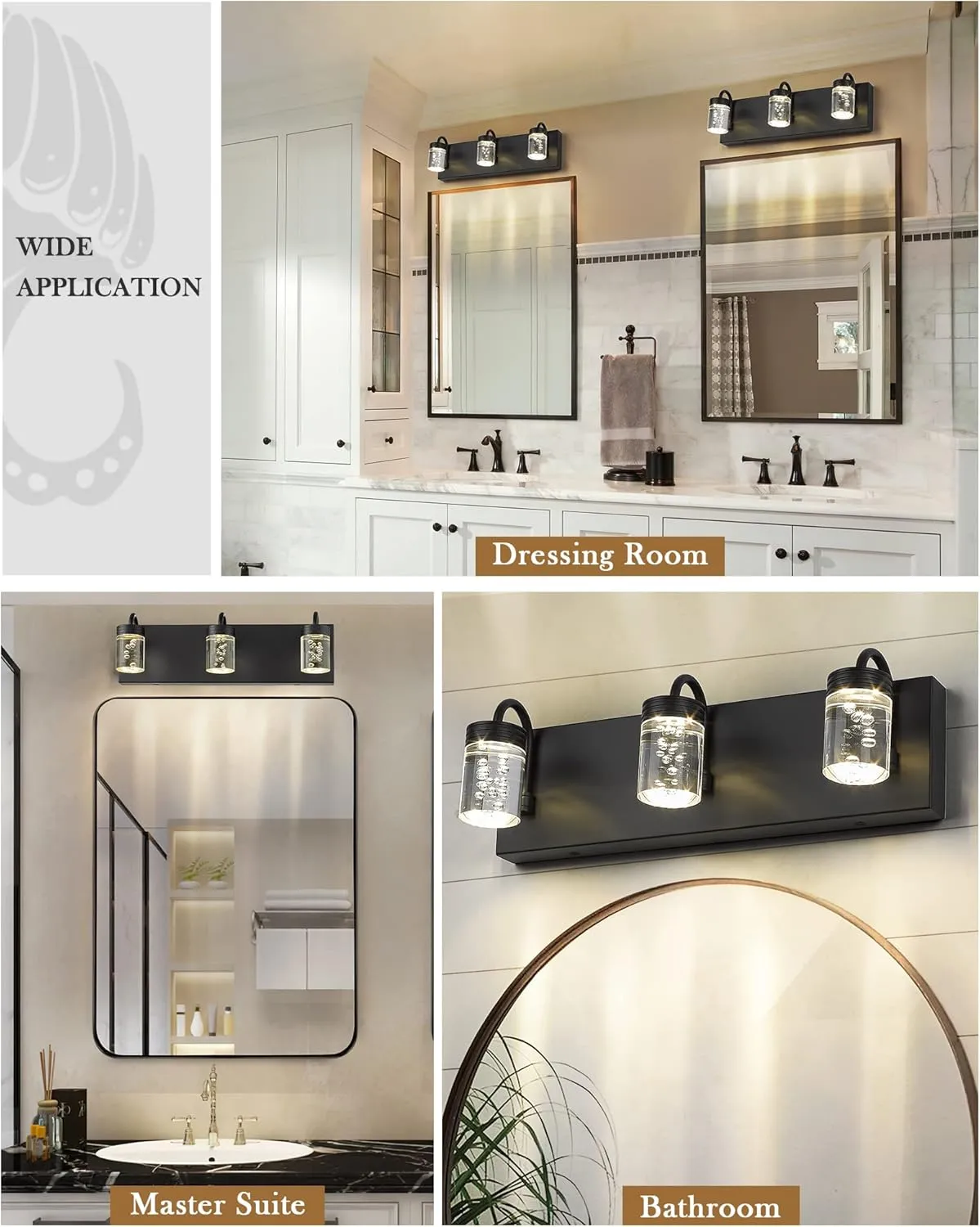 LMS Modern Crystal LED Bathroom Lights Fixtures Over Mirror Black 3 Light Vanity Light for Bathroom 12W 3000/4000/5000K Neutral White Light LMS-176