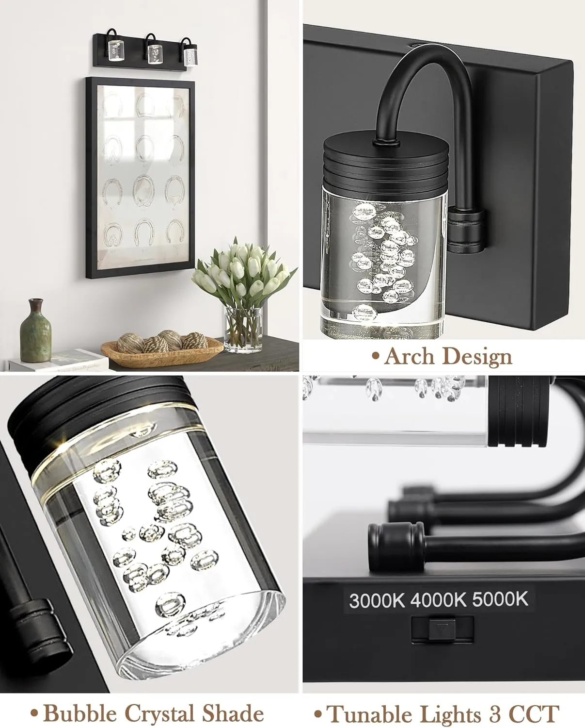 LMS Modern Crystal LED Bathroom Lights Fixtures Over Mirror Black 3 Light Vanity Light for Bathroom 12W 3000/4000/5000K Neutral White Light LMS-176