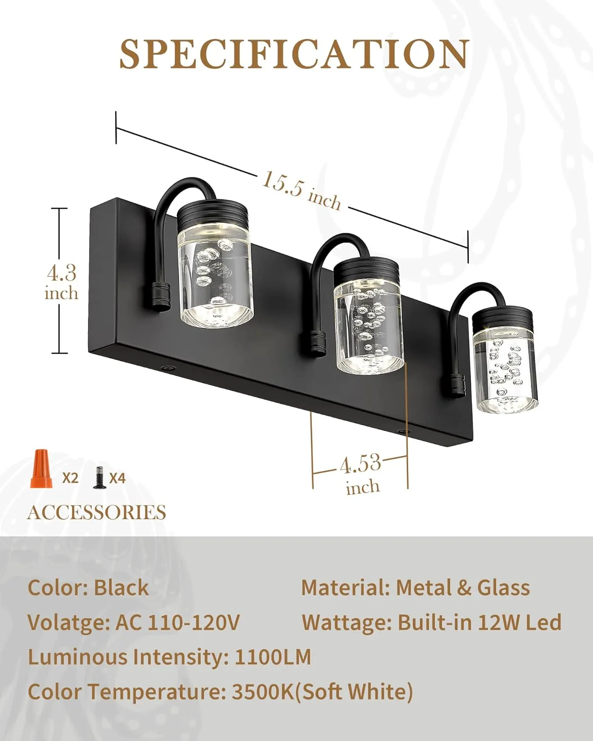 LMS Modern Crystal LED Bathroom Lights Fixtures Over Mirror Black 3 Light Vanity Light for Bathroom 12W 3000/4000/5000K Neutral White Light LMS-176