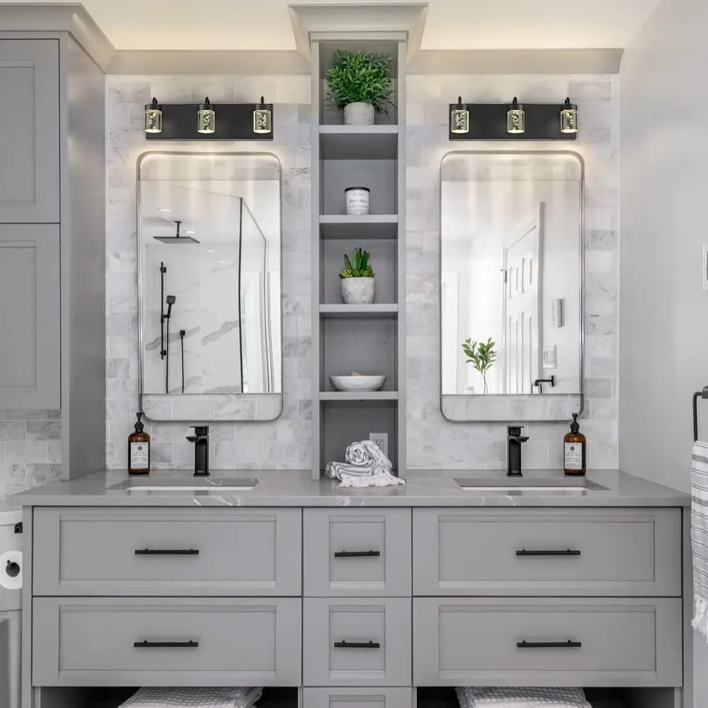 LMS Modern Crystal LED Bathroom Lights Fixtures Over Mirror Black 3 Light Vanity Light for Bathroom 12W 3000/4000/5000K Neutral White Light LMS-176