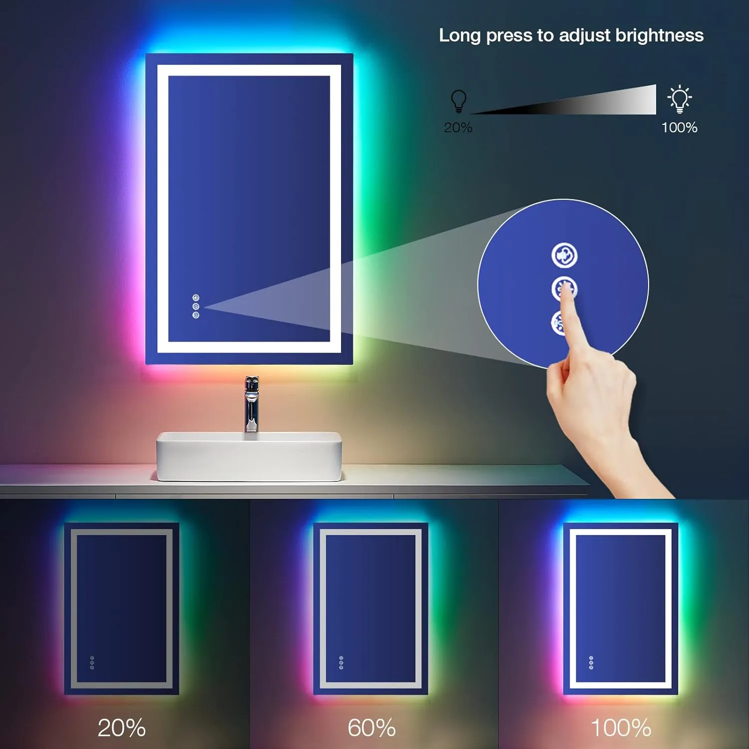 LOAAO 28"X36" LED Bathroom Mirror with Lights, Anti-Fog, Dimmable, RGB Backlit   Front Lighted, Bathroom Vanity Mirror for Wall, Memory Function, Tempered Glass (Safe to Use)
