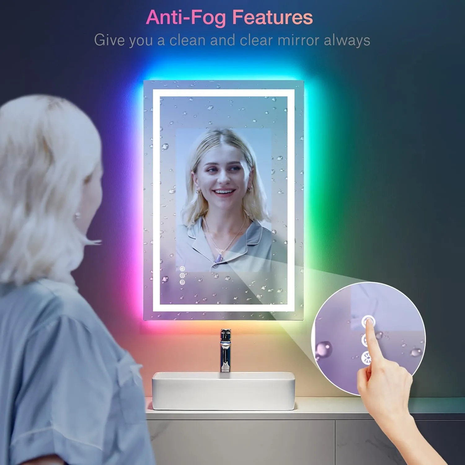 LOAAO 28"X36" LED Bathroom Mirror with Lights, Anti-Fog, Dimmable, RGB Backlit   Front Lighted, Bathroom Vanity Mirror for Wall, Memory Function, Tempered Glass (Safe to Use)